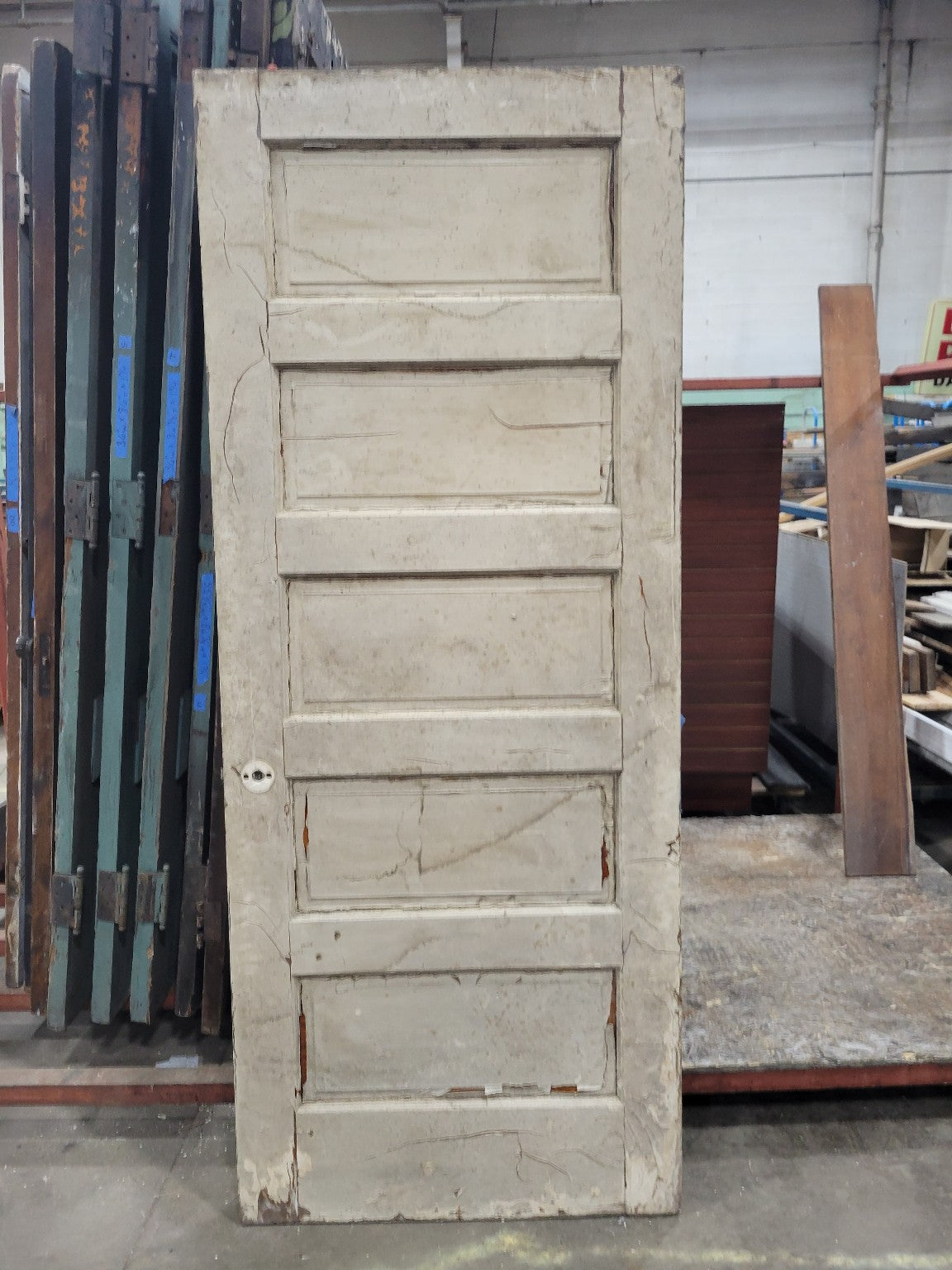 Antique 5-Panel Wood Door – 79" Tall – Heavy Wear and Paint Loss (O)