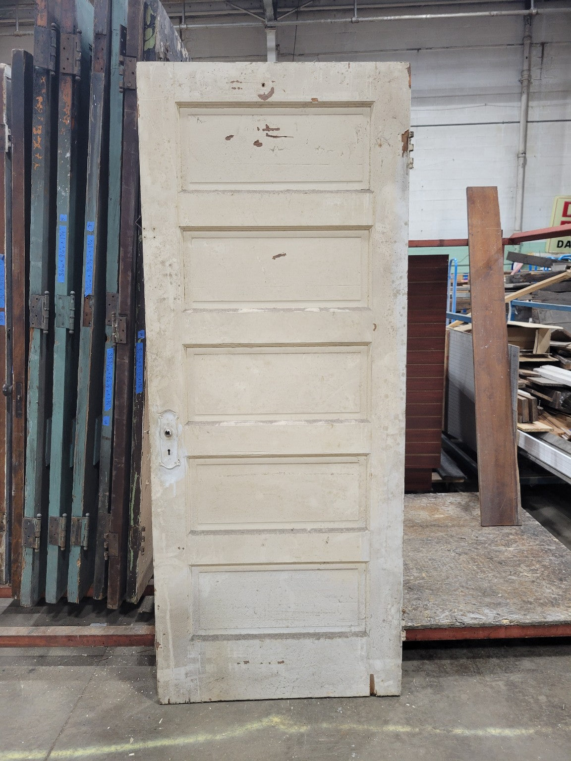 Painted Antique 5-Panel Wood Door – 78 ⅞" Tall – Heavy Chipping (N)