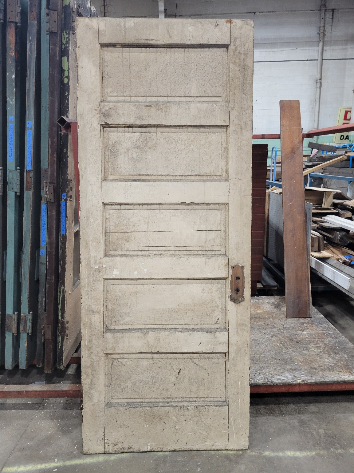 Distressed Painted 5-Panel Wood Door – 78 ½" Tall – Rustic Condition (K)