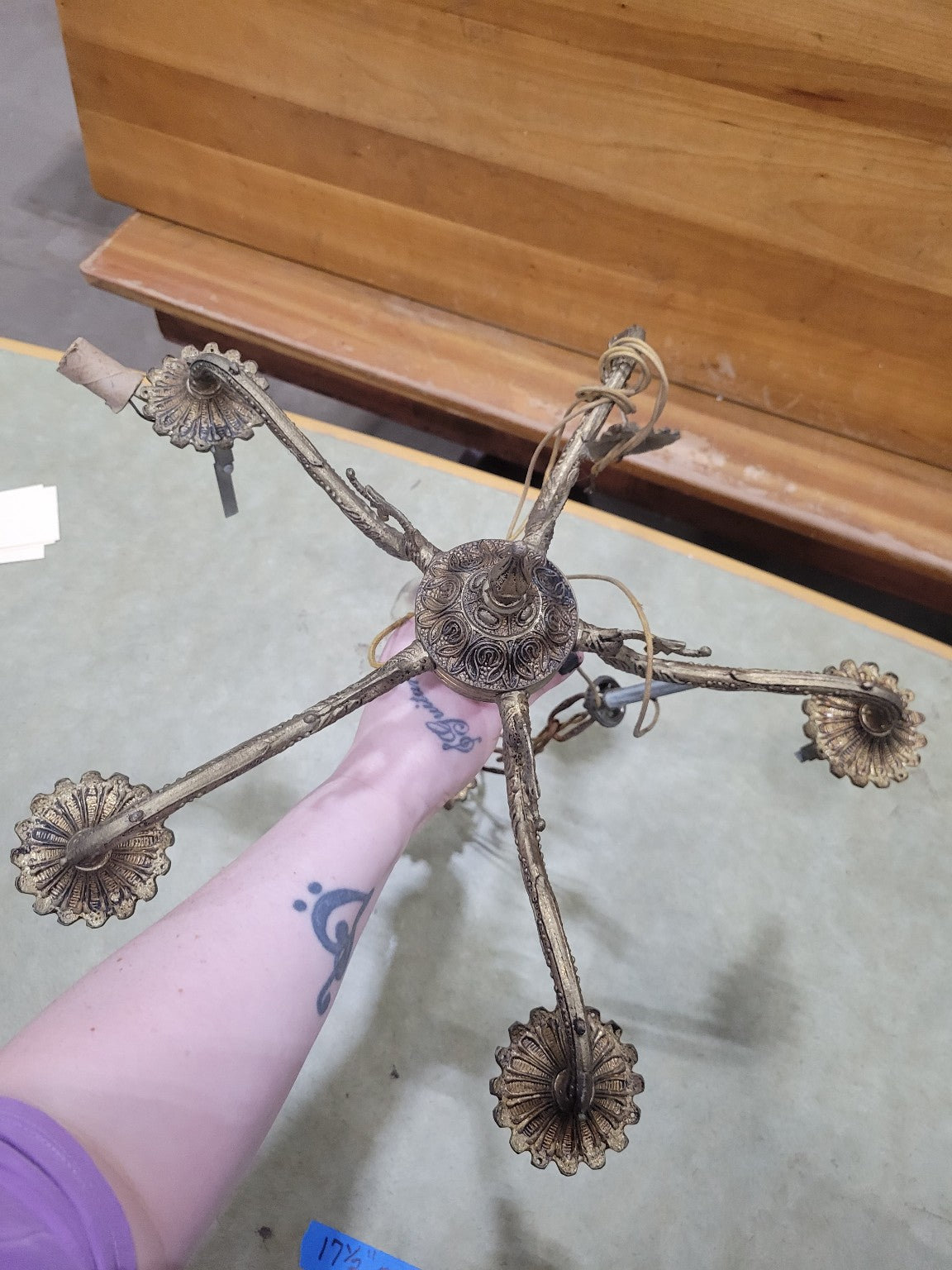 Antique Cast Brass 5-Arm Chandelier – 17 ½ Diameter x 15 ¾ H + Chain (AS IS)