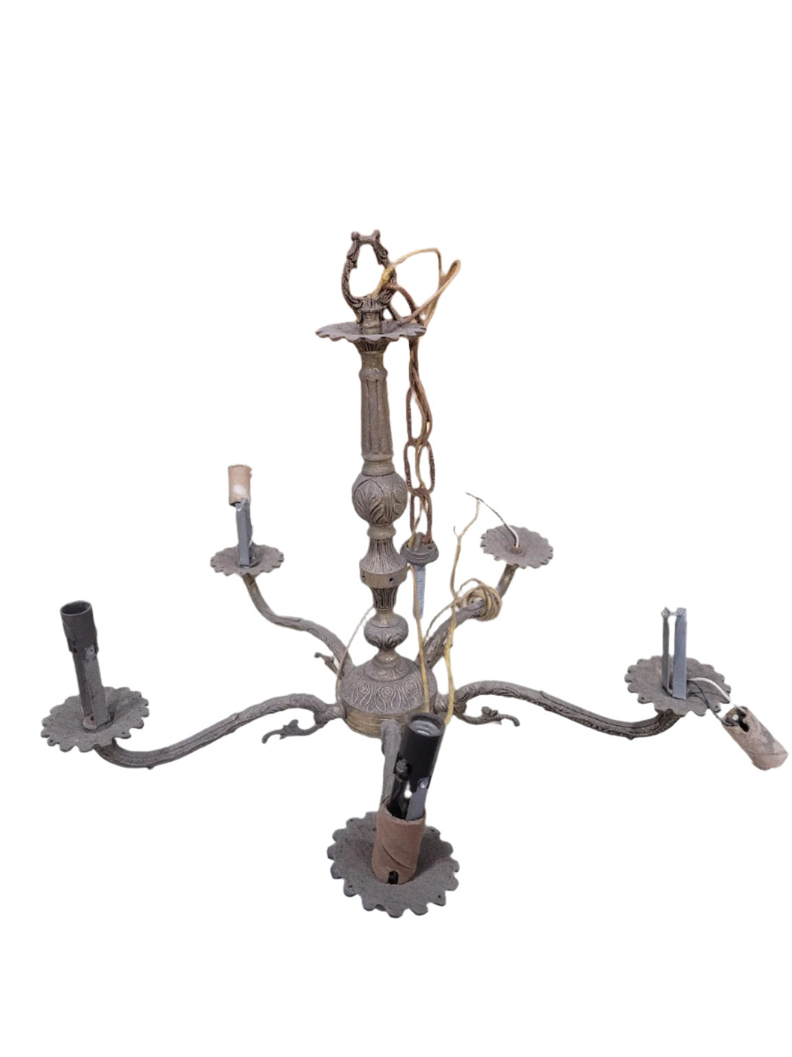 Antique Cast Brass 5-Arm Chandelier – 17 ½ Diameter x 15 ¾ H + Chain (AS IS)