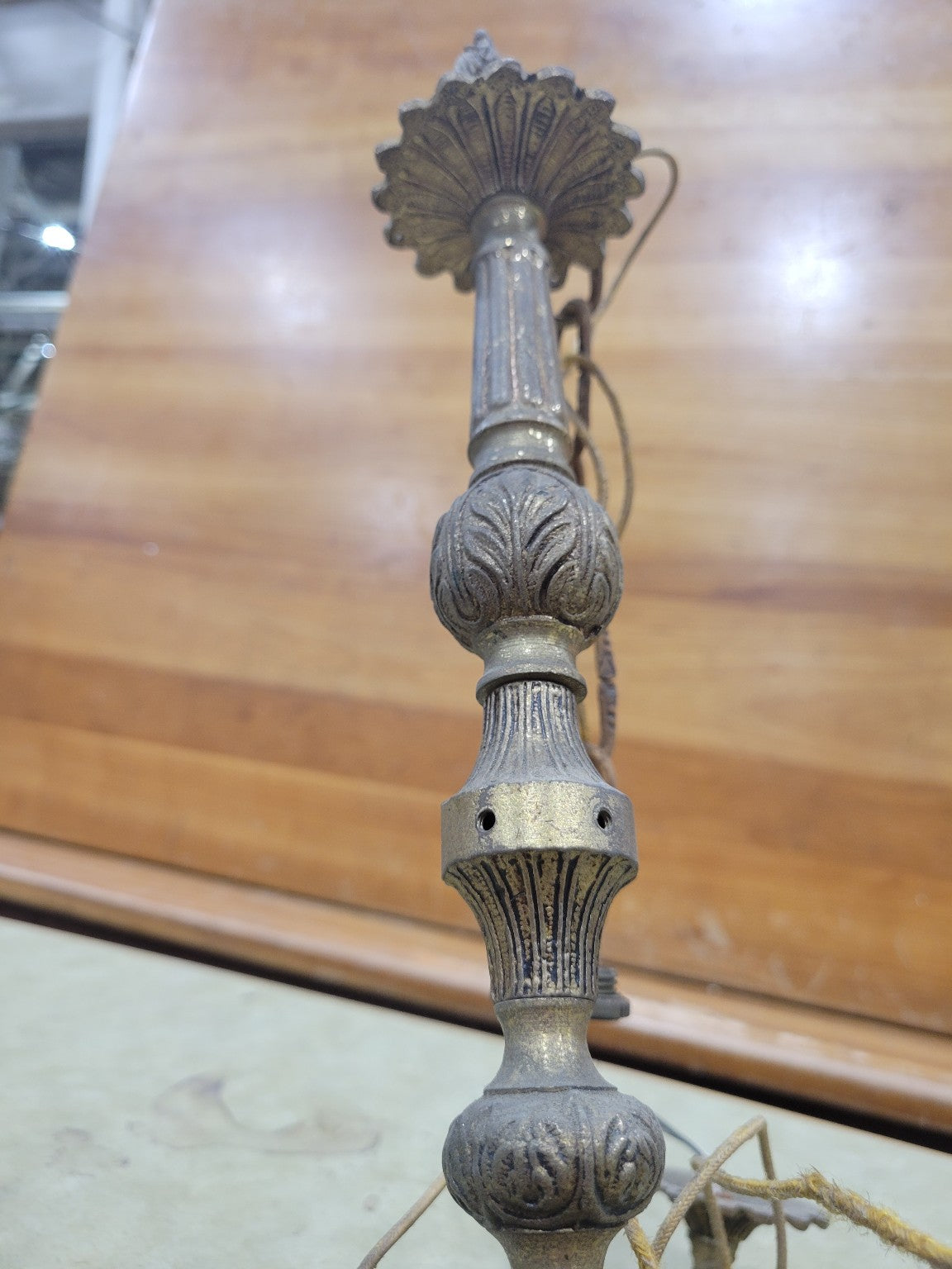 Antique Cast Brass 5-Arm Chandelier – 17 ½ Diameter x 15 ¾ H + Chain (AS IS)