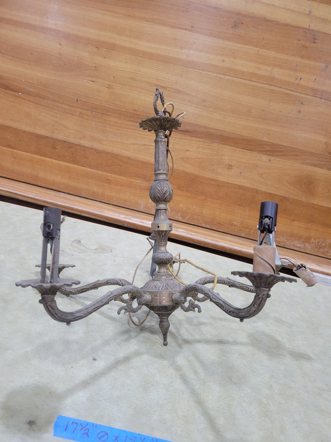 Antique Cast Brass 5-Arm Chandelier – 17 ½ Diameter x 15 ¾ H + Chain (AS IS)