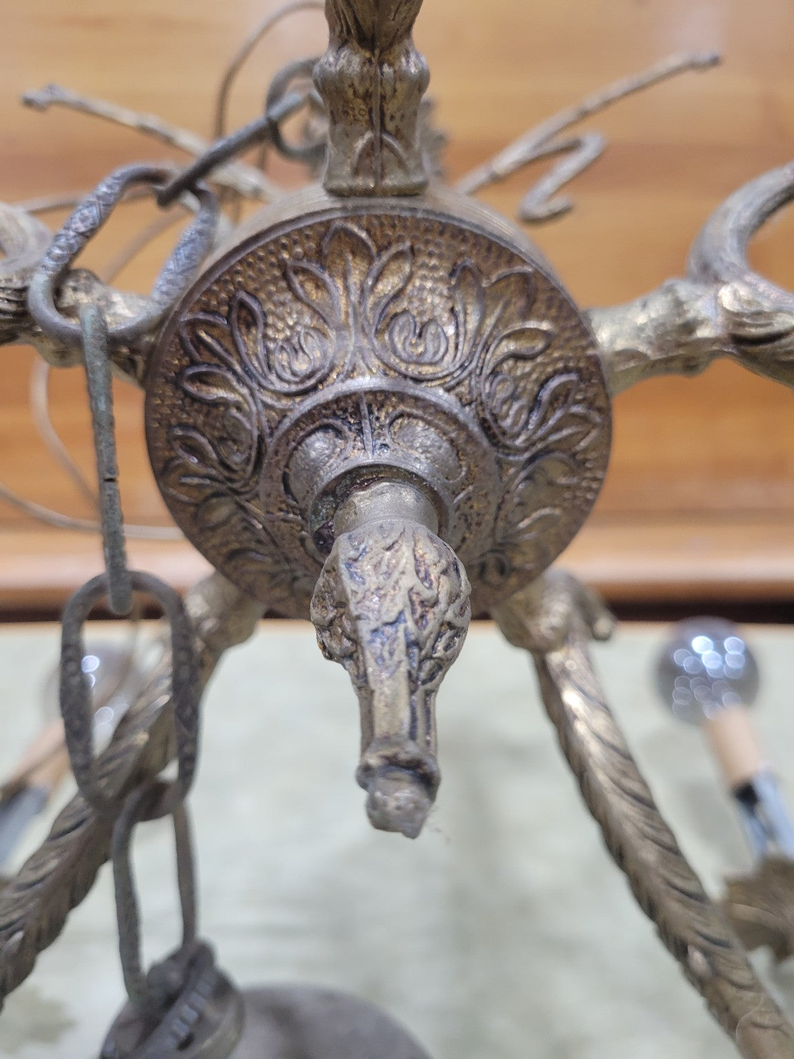 Vintage 5-Light Brass Chandelier with Floral Leaf Arms (AS IS)