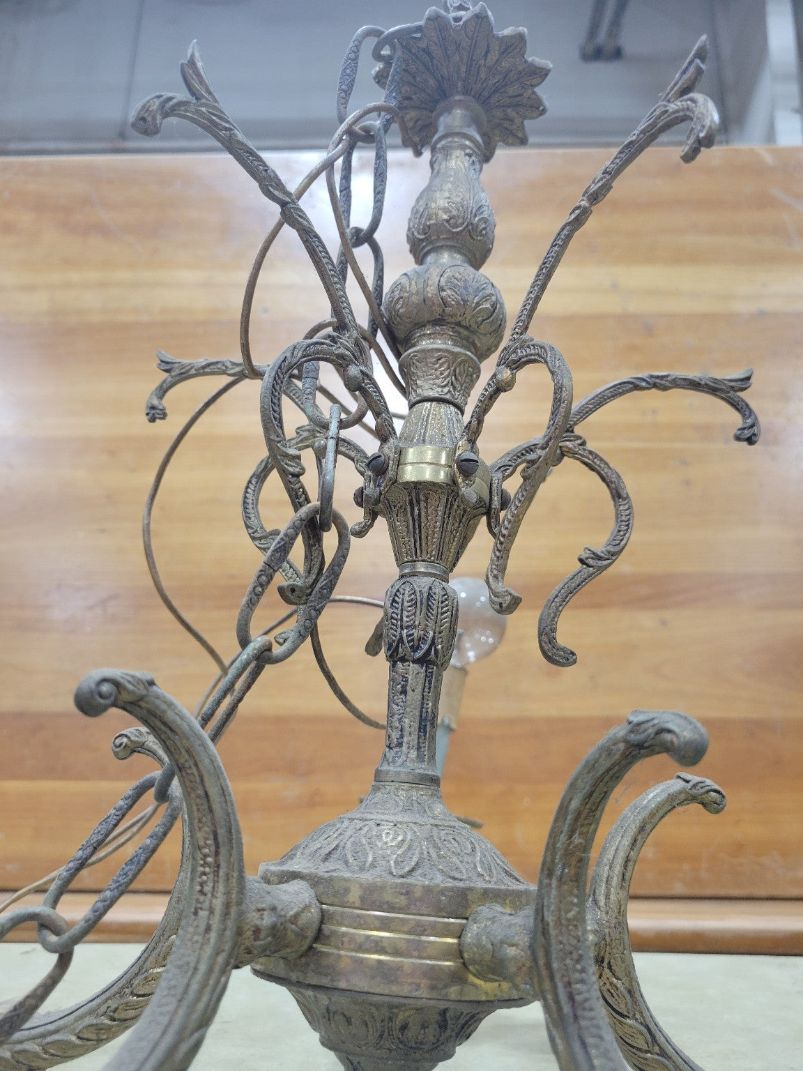 Vintage 5-Light Brass Chandelier with Floral Leaf Arms (AS IS)