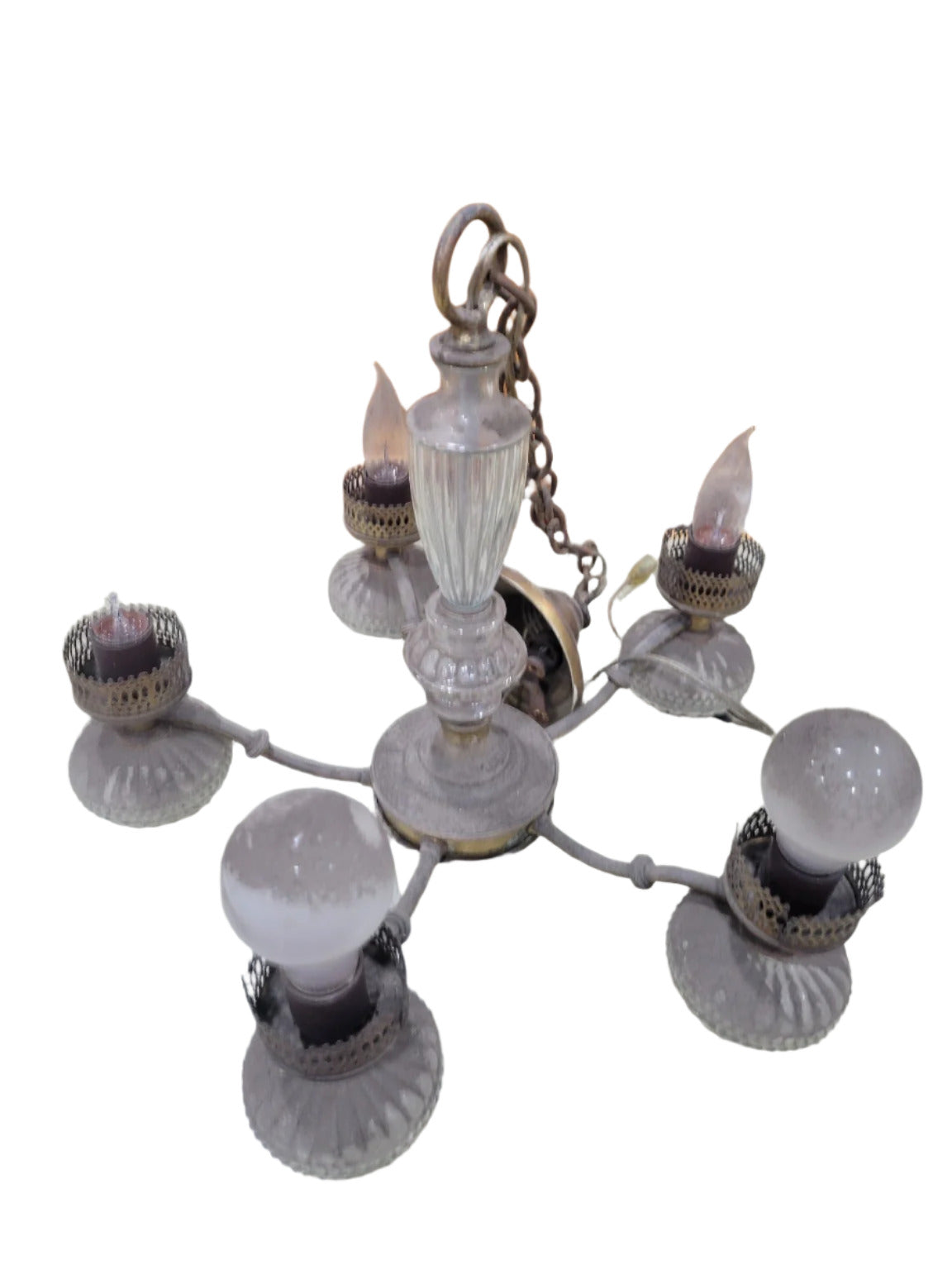 Mid-Century Brass & Glass 5-Light Chandelier – Rewiring Needed (AS IS)