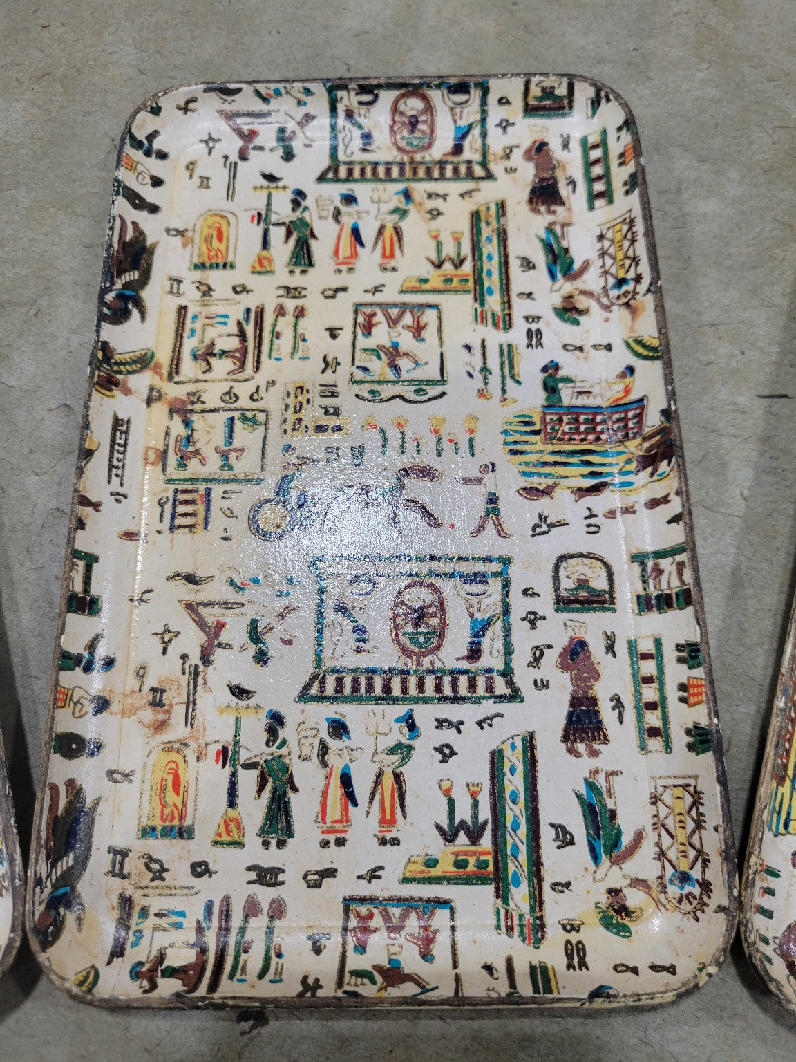 Set of 4 Vintage Wooden Trays – Egyptian Motif – Alfred E. Noble Japan – 8⅜ x 5 3⁄16