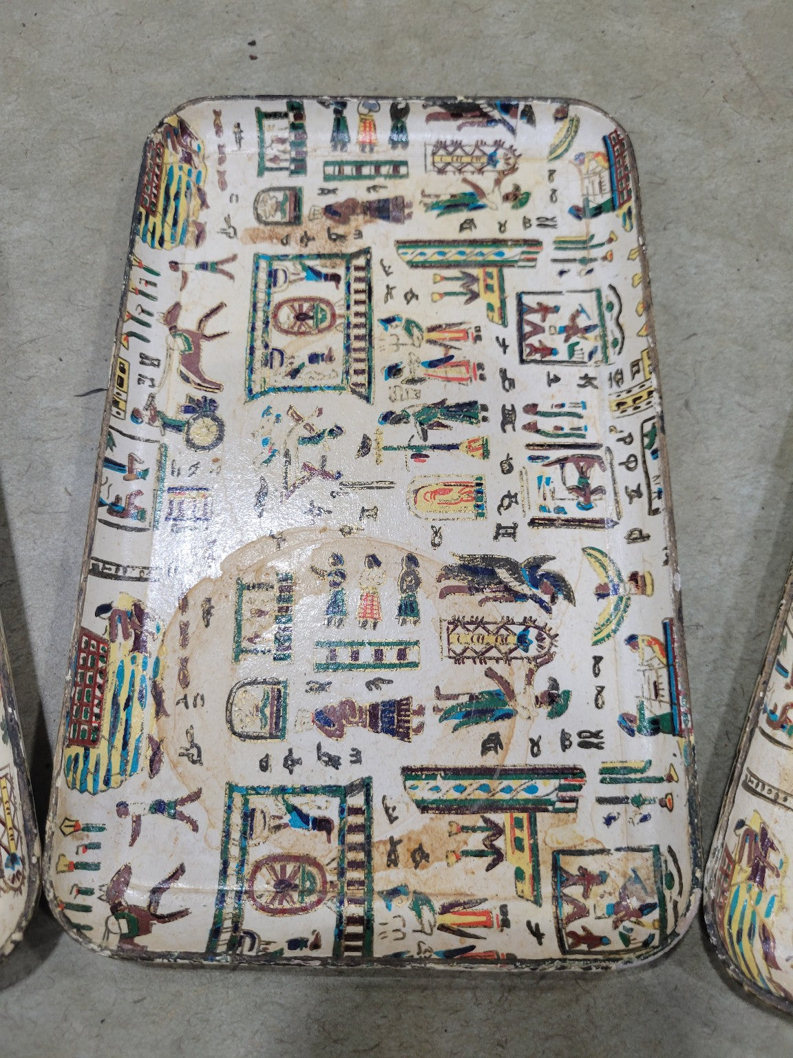 Set of 4 Vintage Wooden Trays – Egyptian Motif – Alfred E. Noble Japan – 8⅜ x 5 3⁄16