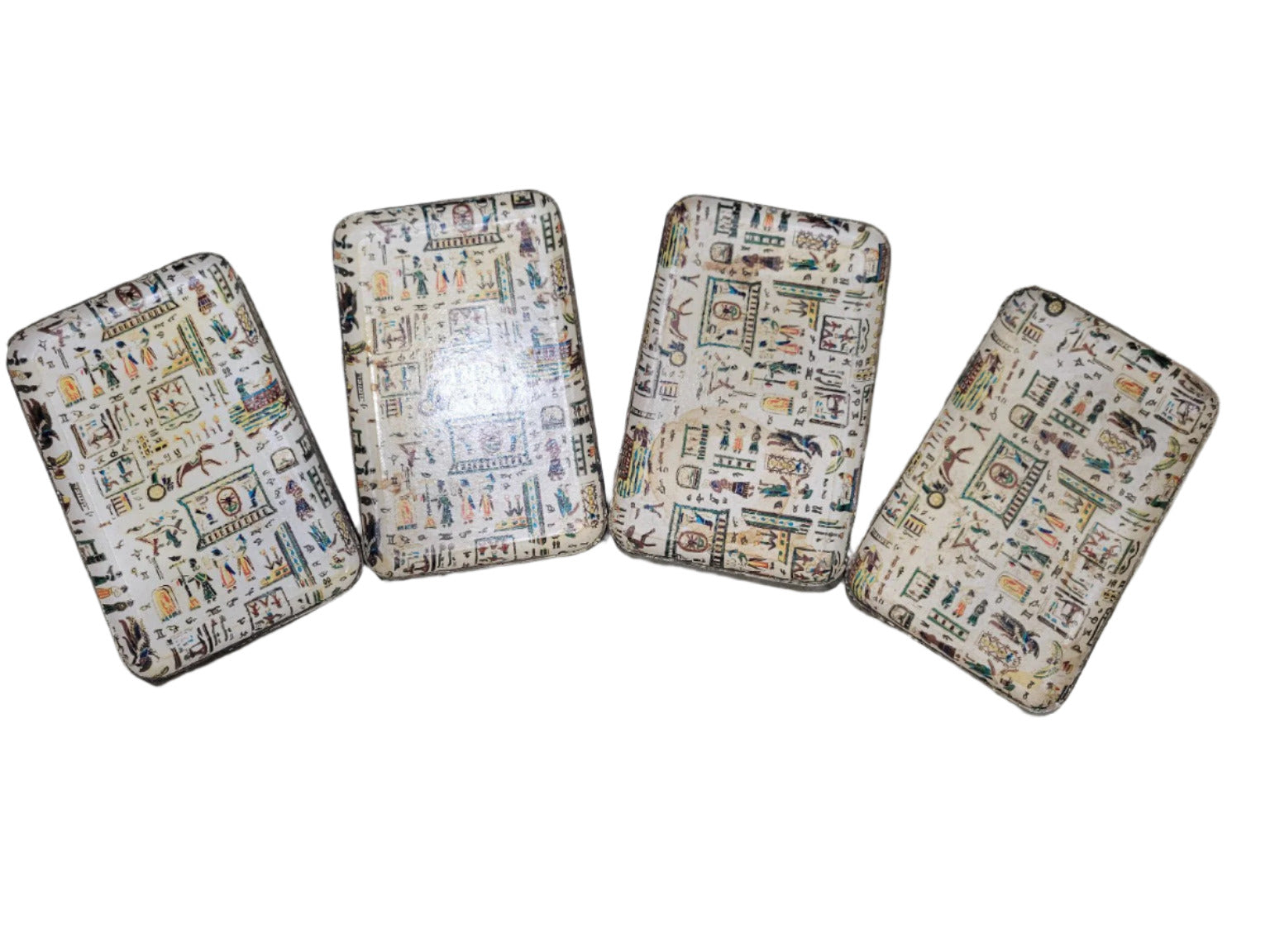 Set of 4 Vintage Wooden Trays – Egyptian Motif – Alfred E. Noble Japan – 8⅜ x 5 3⁄16