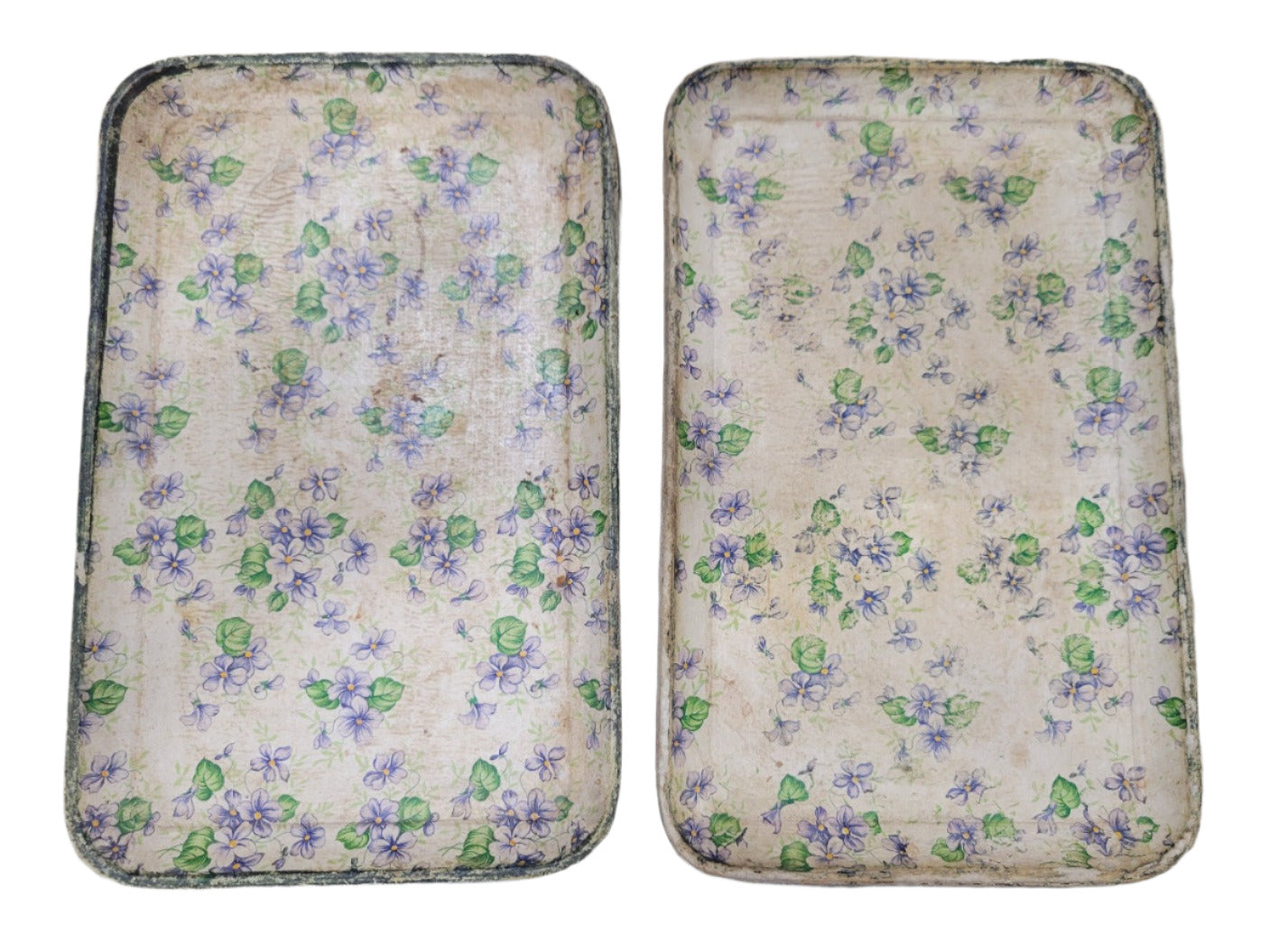 Set of 2 Vintage Wooden Trays – Violet Floral Pattern – 8⅜ x 5 3⁄16 – Aldrich Place Japan