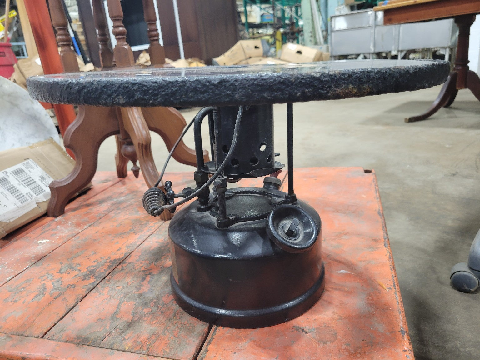 Industrial Reclaimed Side Table – Repurposed Gas Tank Base & Cast Iron Wheel Top – 19 ⅜ Dia x 13 T