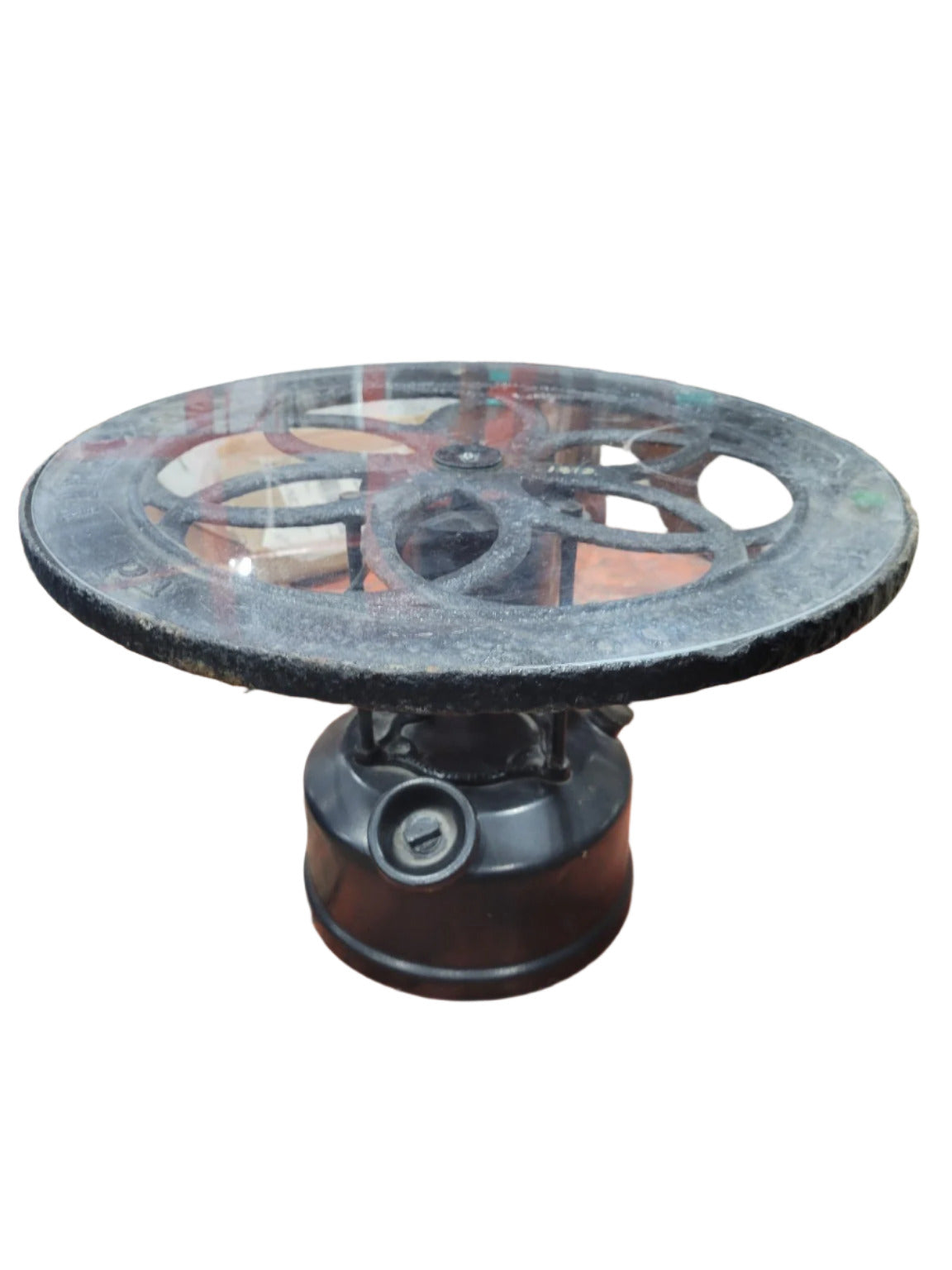 Industrial Reclaimed Side Table – Repurposed Gas Tank Base & Cast Iron Wheel Top – 19 ⅜ Dia x 13 T
