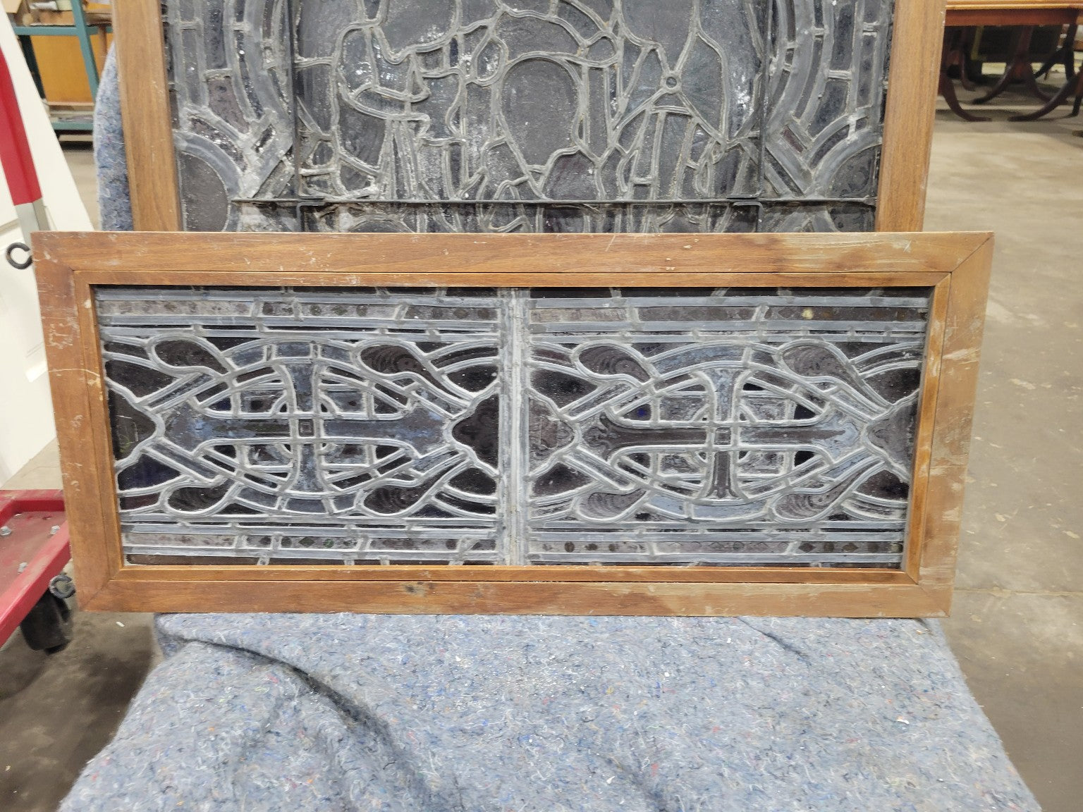 Antique Leaded Glass Window Set – Religious Scene Panels with Eyehooks  (Set of 3)