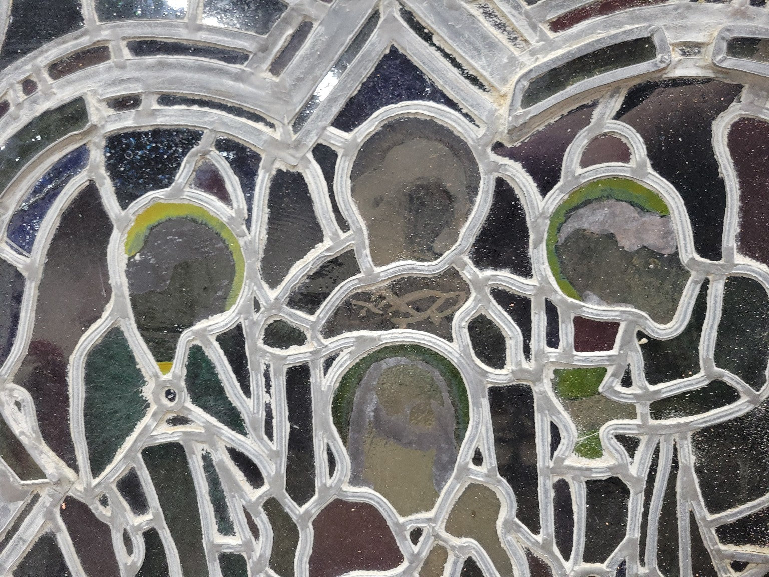 Antique Leaded Glass Window Set – Religious Scene Panels with Eyehooks  (Set of 3)