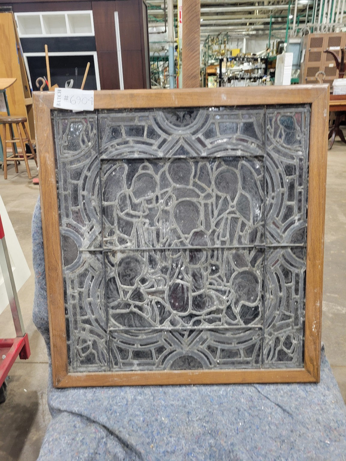 Antique Leaded Glass Window Set – Religious Scene Panels with Eyehooks  (Set of 3)