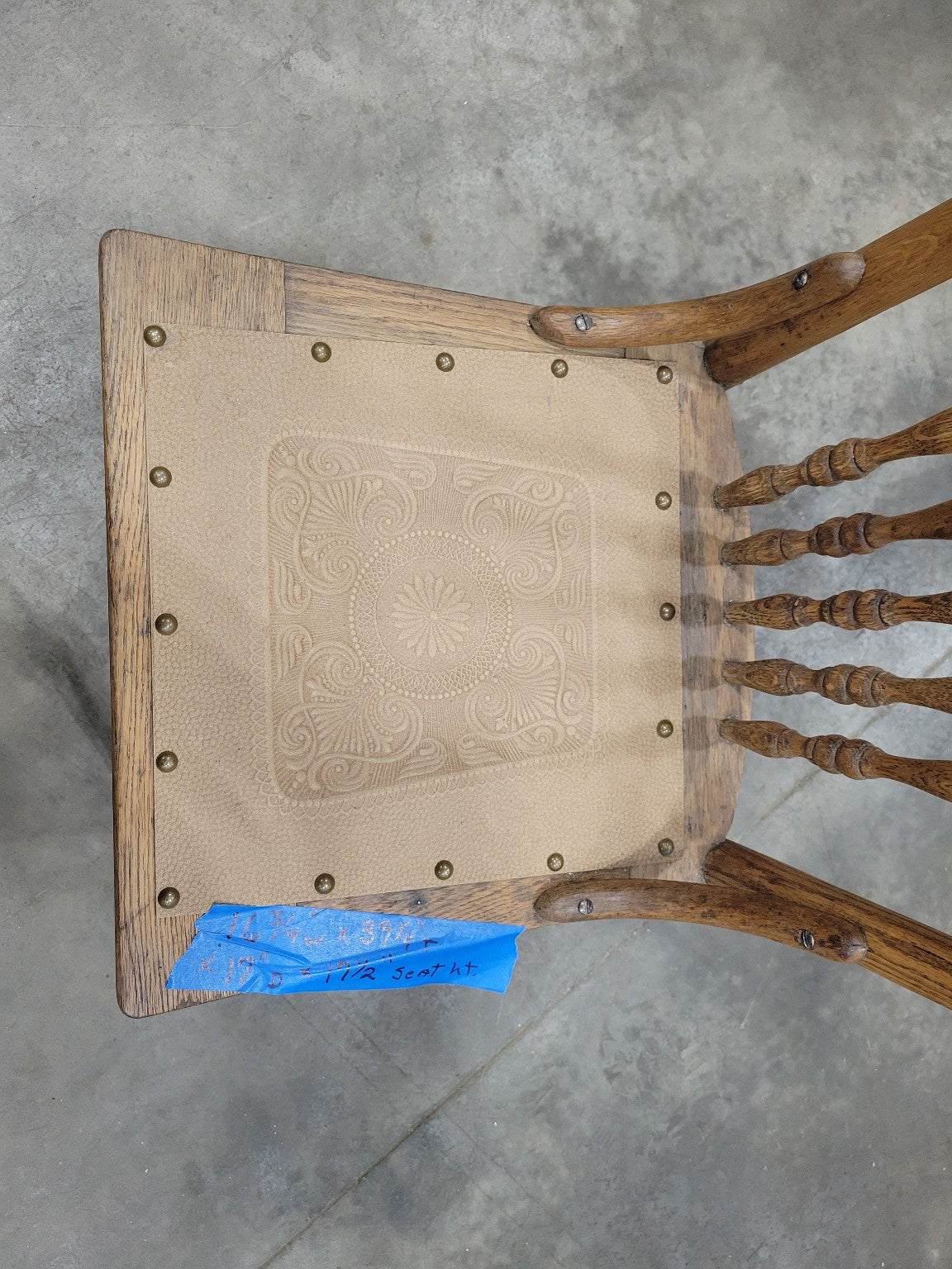Antique Pressed Back Chair with Embossed Vinyl Seat – Oak Finish