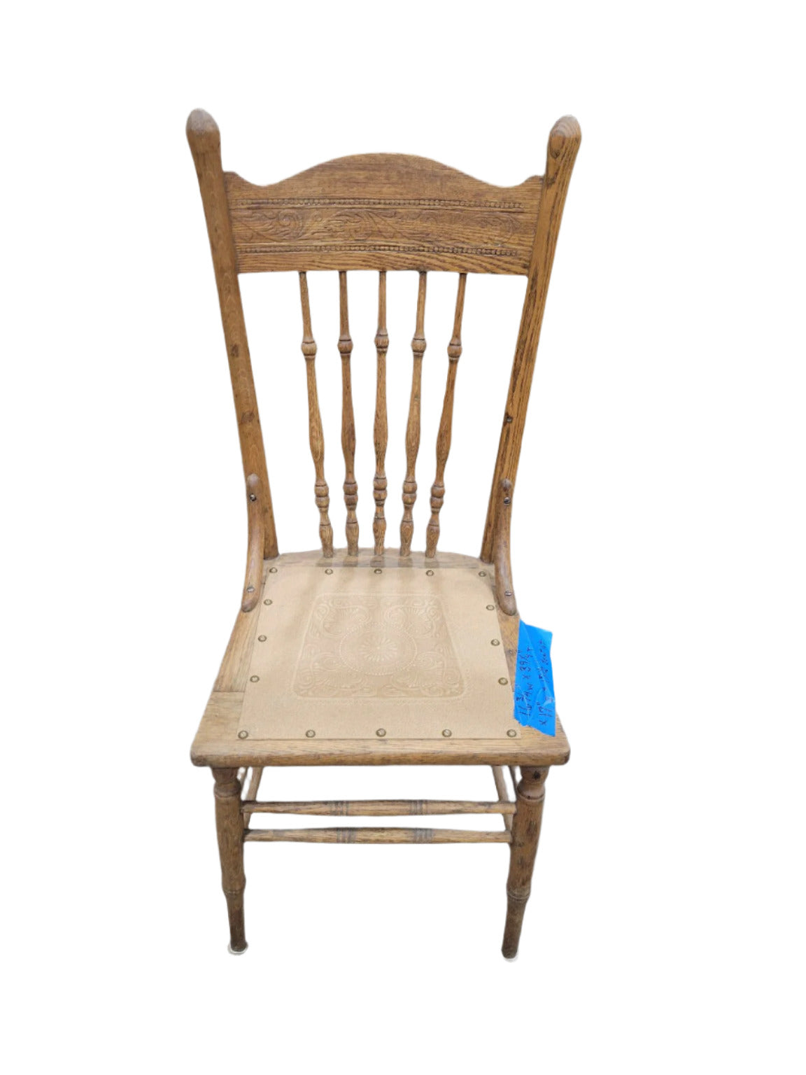 Antique Pressed Back Chair with Embossed Vinyl Seat – Oak Finish