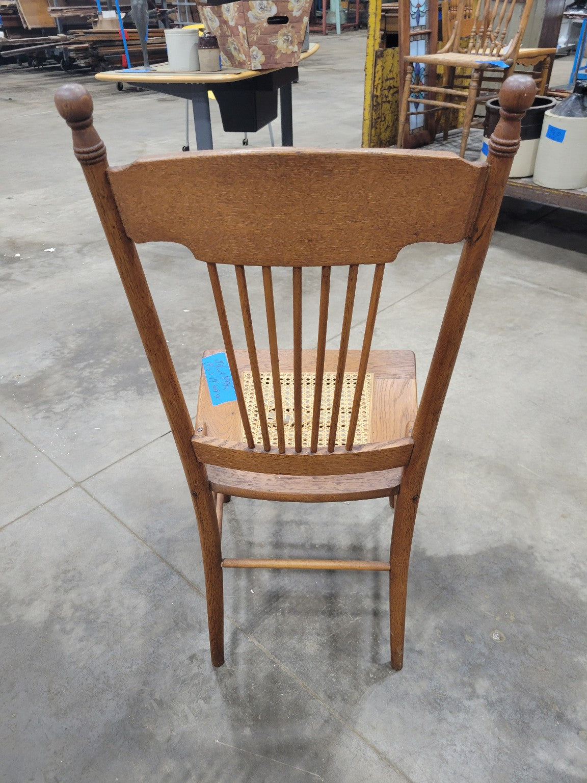 Antique Pressed Back Oak Chair with Broken Cane Seat – Decorative Fan Motif