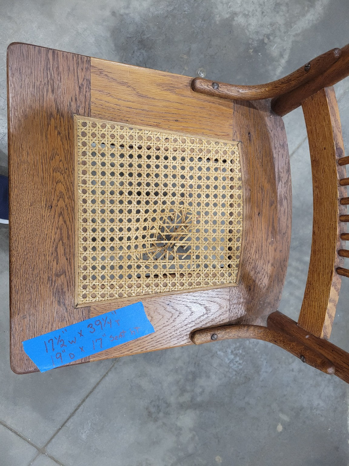 Antique Pressed Back Oak Chair with Broken Cane Seat – Decorative Fan Motif