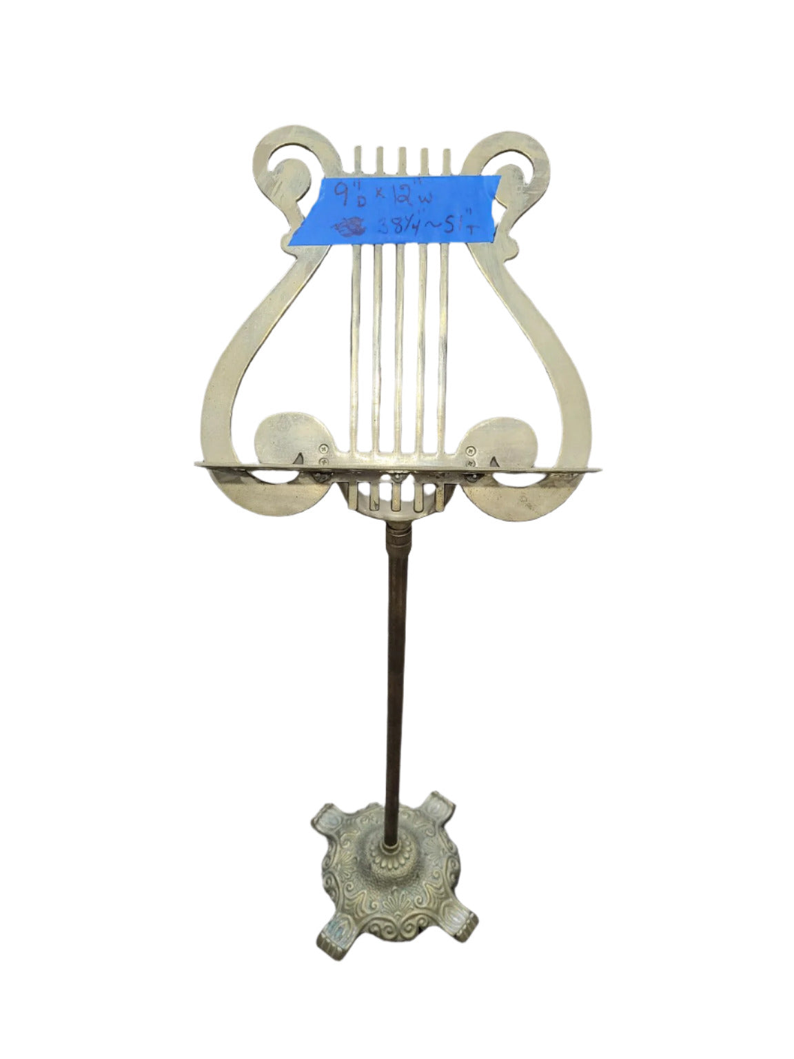 Vintage Brass Lyre-Form Music Stand – Fixed Height with Ornate Cast Iron Base