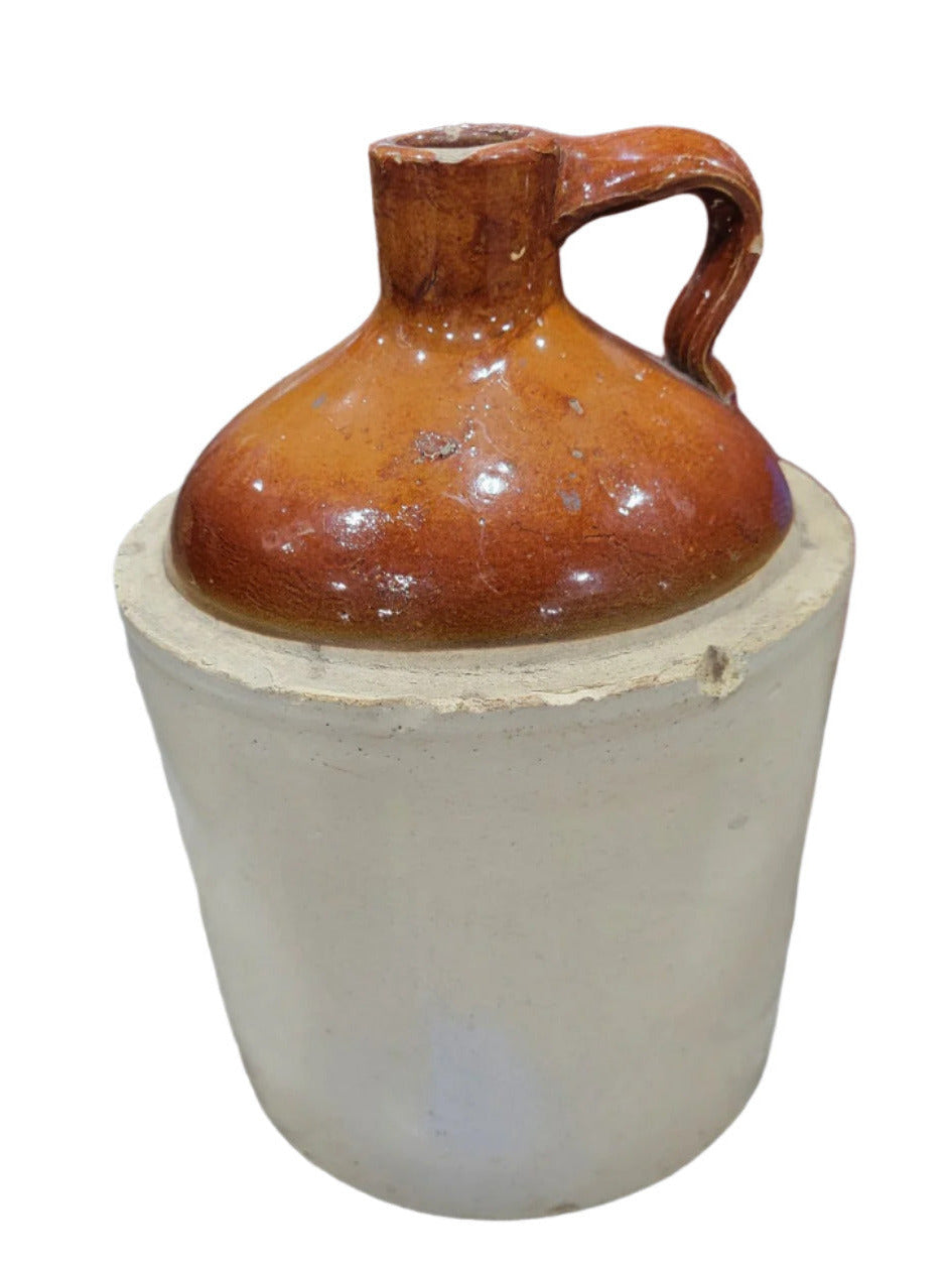 Antique Stoneware Whiskey Jug – Two-Tone Glaze with Handle