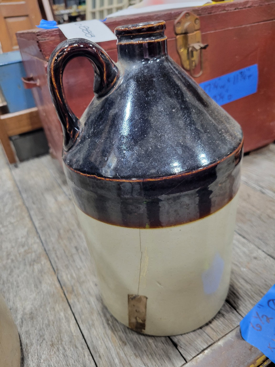 Antique Two-Tone Stoneware Jug – Large with Handle and Albany Slip Glaze