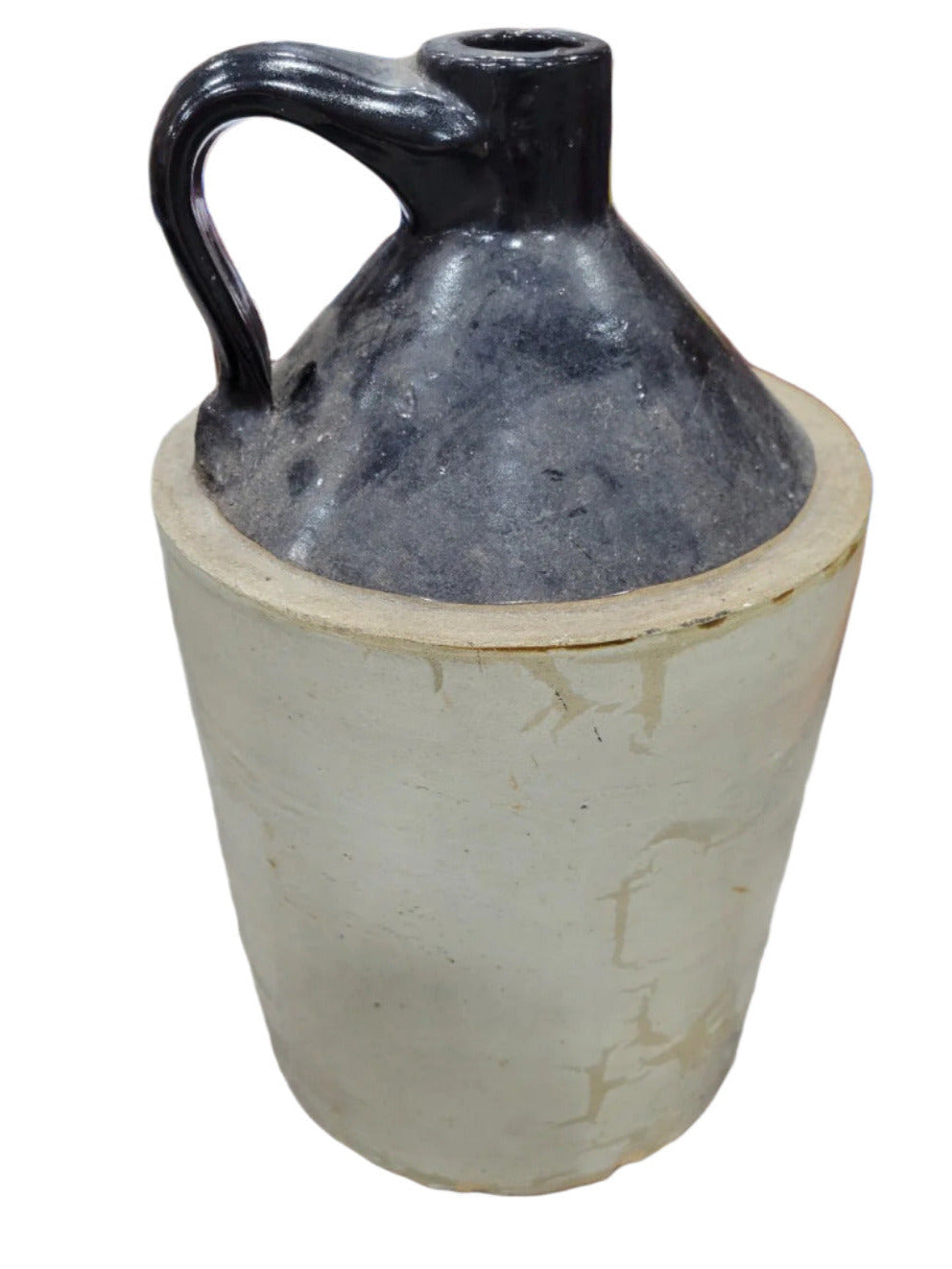Antique 3-Gallon Stoneware Jug – High Shoulder with Black Glaze and Applied Handle