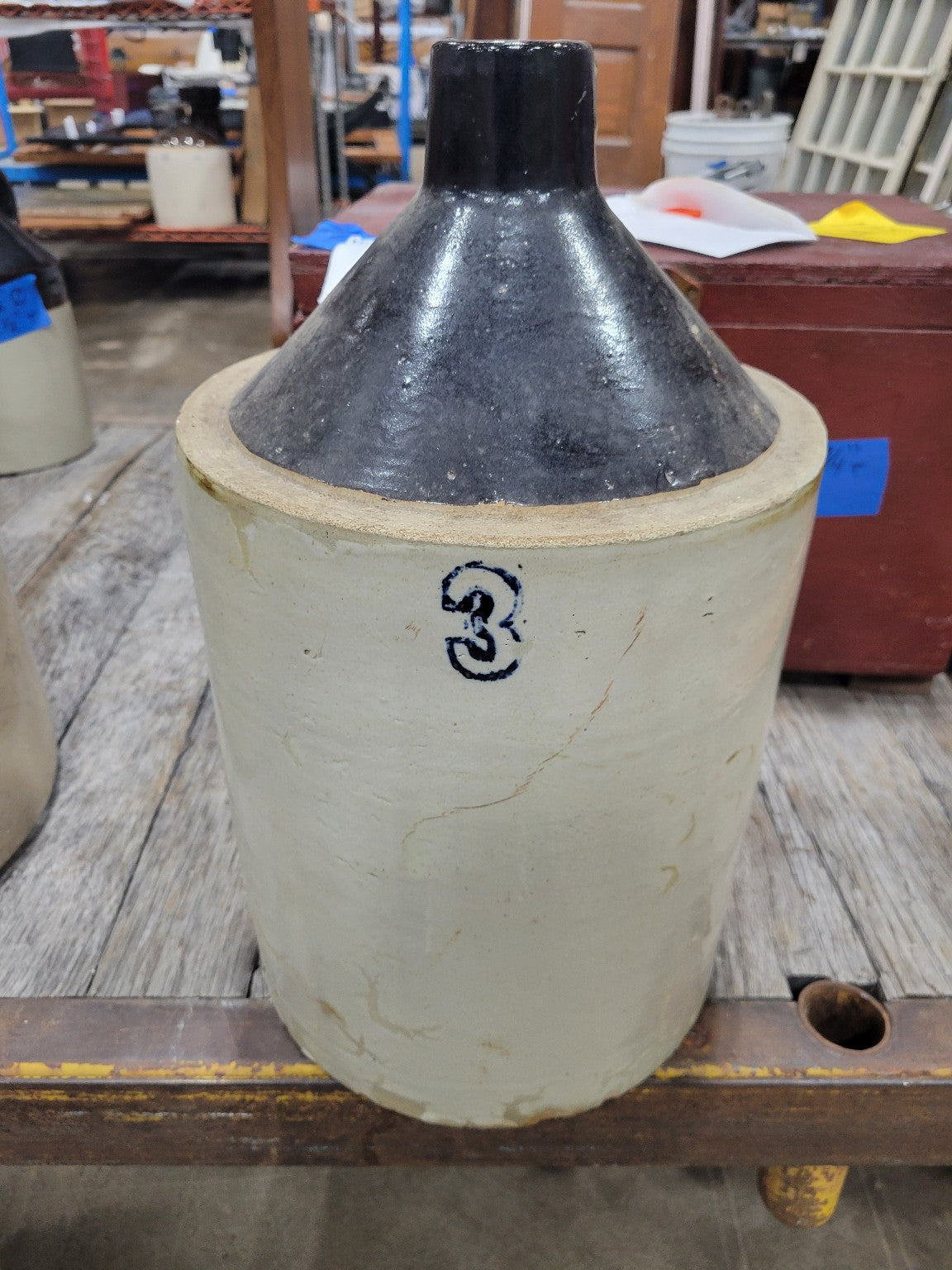 Antique 3-Gallon Stoneware Jug – High Shoulder with Black Glaze and Applied Handle
