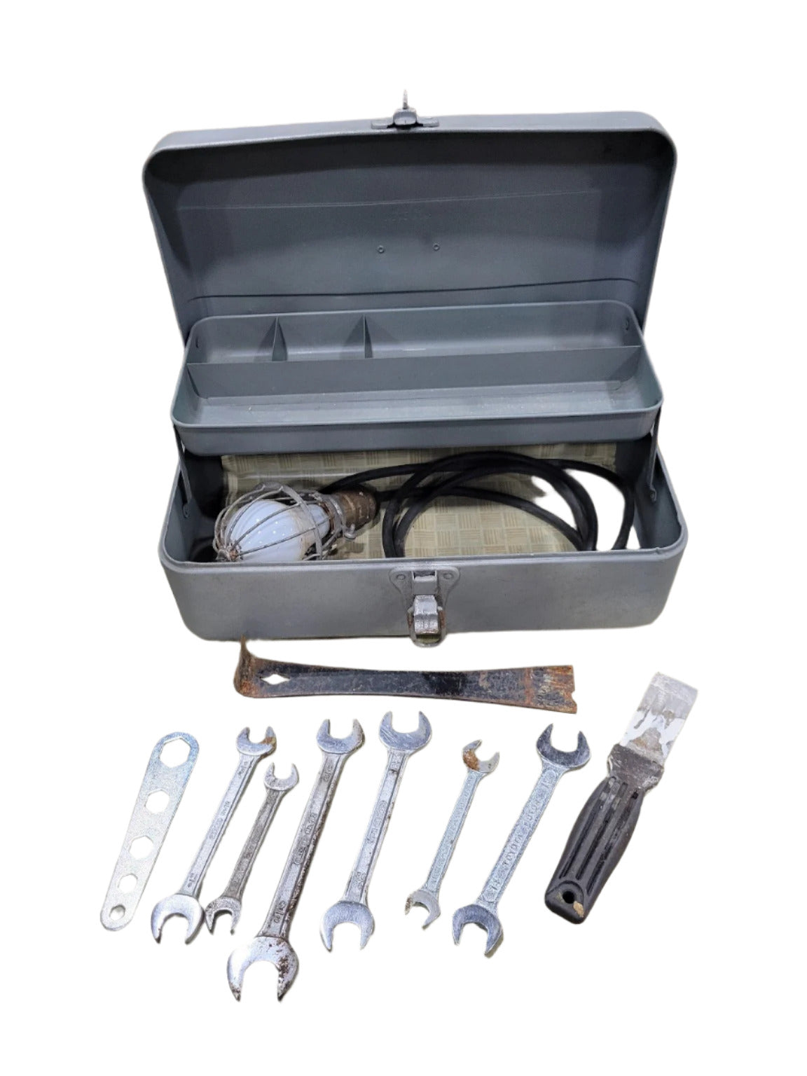 Steel Tool Box with Drop Light and Assorted Wrenches – 14 Portable Kit