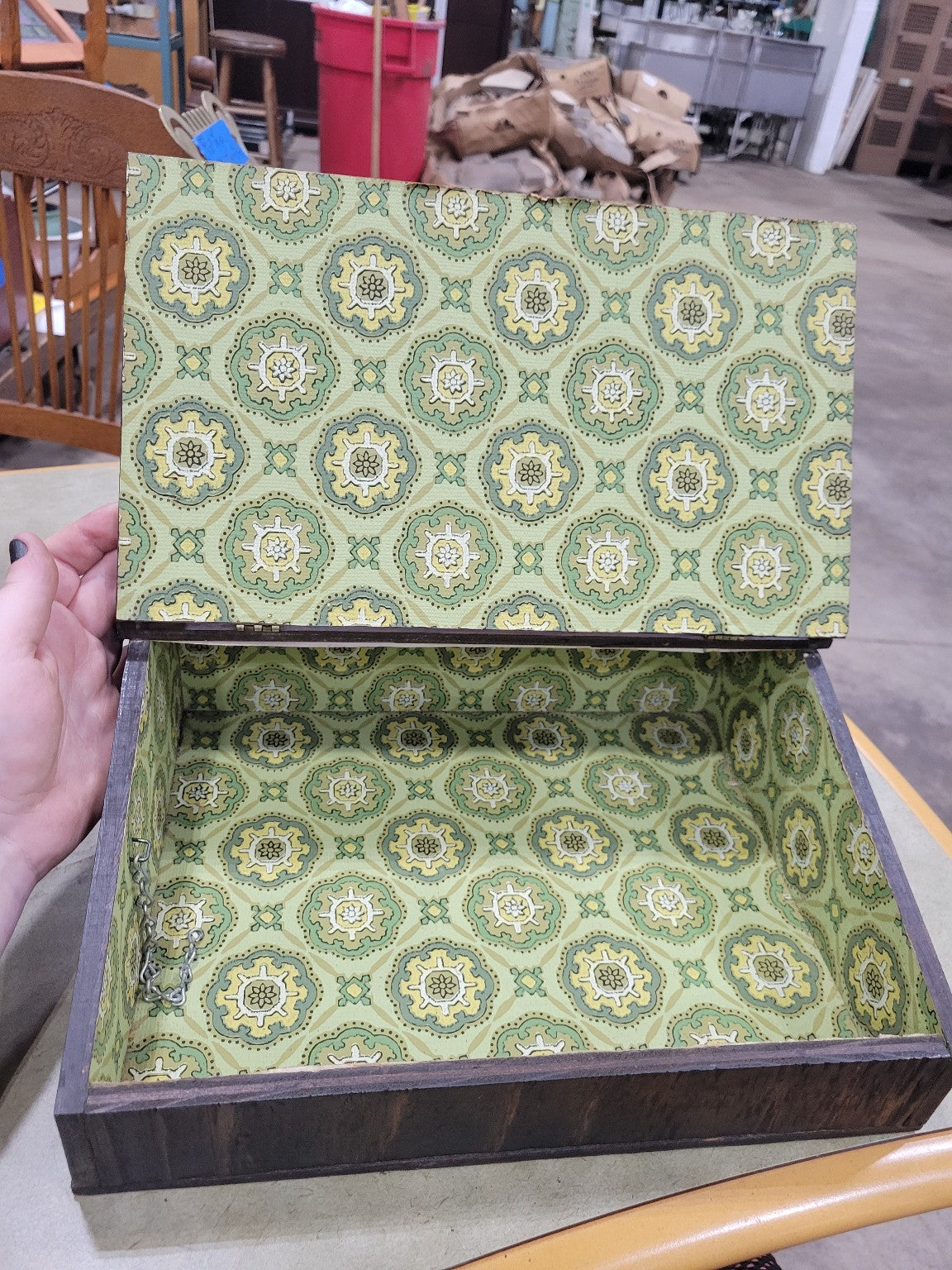 Antique Slant-Top Writing Box with Decorative Paper Lining – Hinged Oak Storage Case