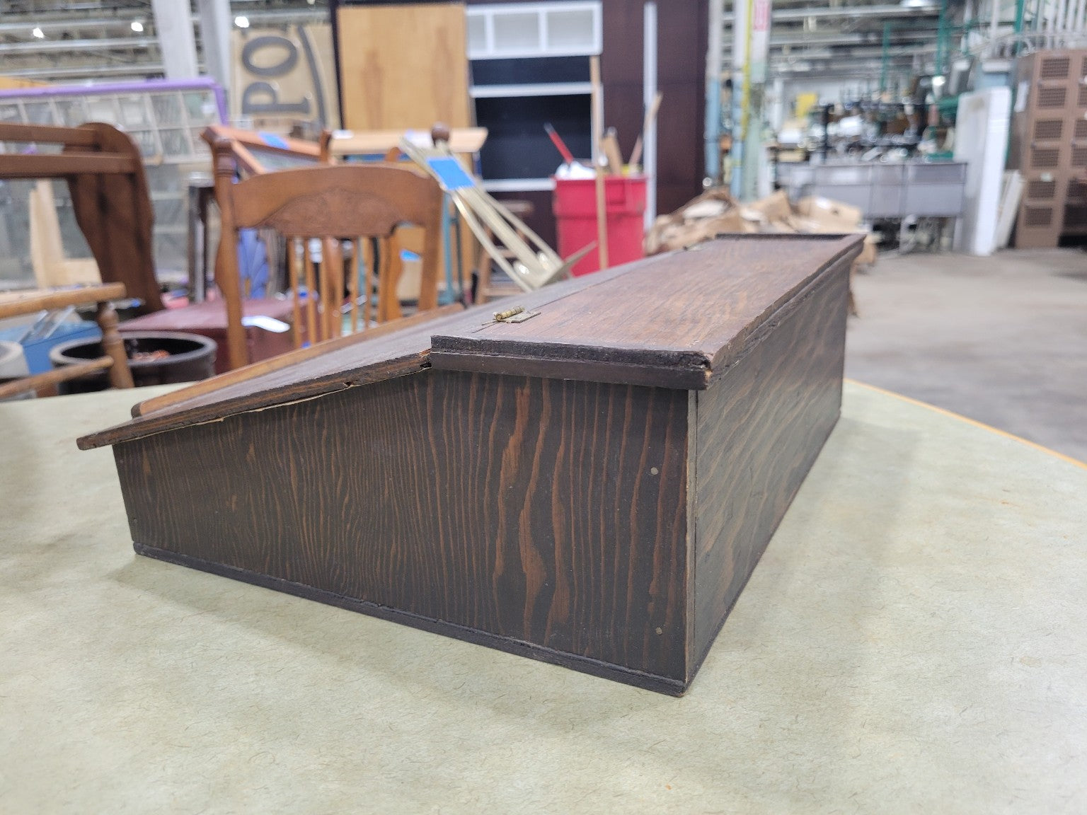 Antique Slant-Top Writing Box with Decorative Paper Lining – Hinged Oak Storage Case