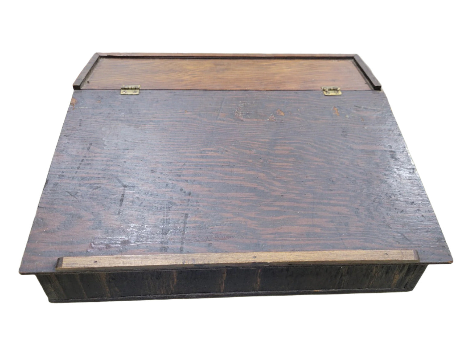 Antique Slant-Top Writing Box with Decorative Paper Lining – Hinged Oak Storage Case