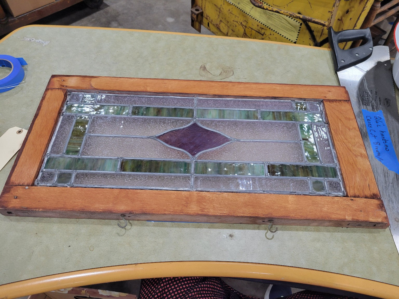 Framed Textured & Stained Glass Panel with Green and Plum Diamond Design