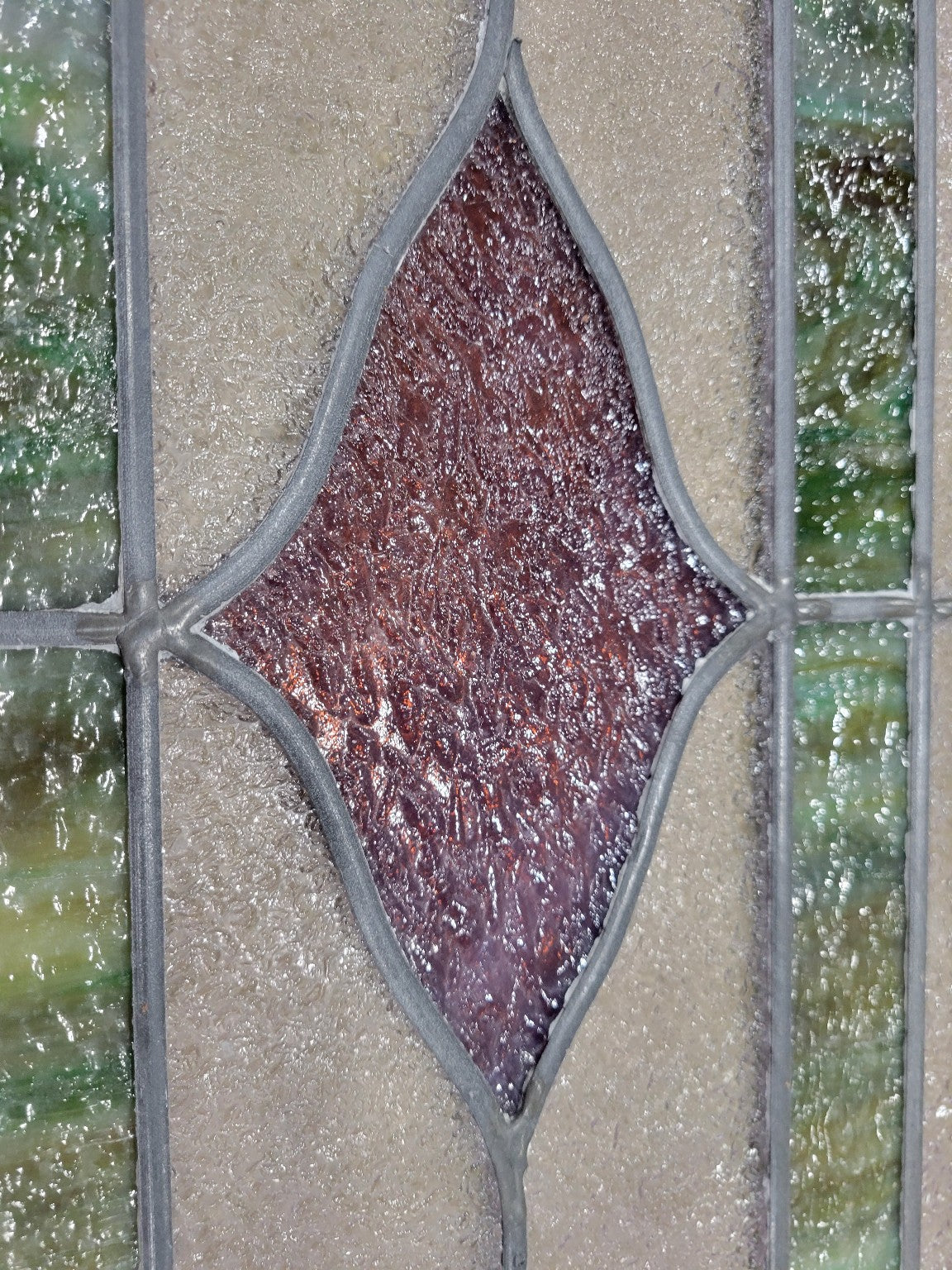Framed Textured & Stained Glass Panel with Green and Plum Diamond Design