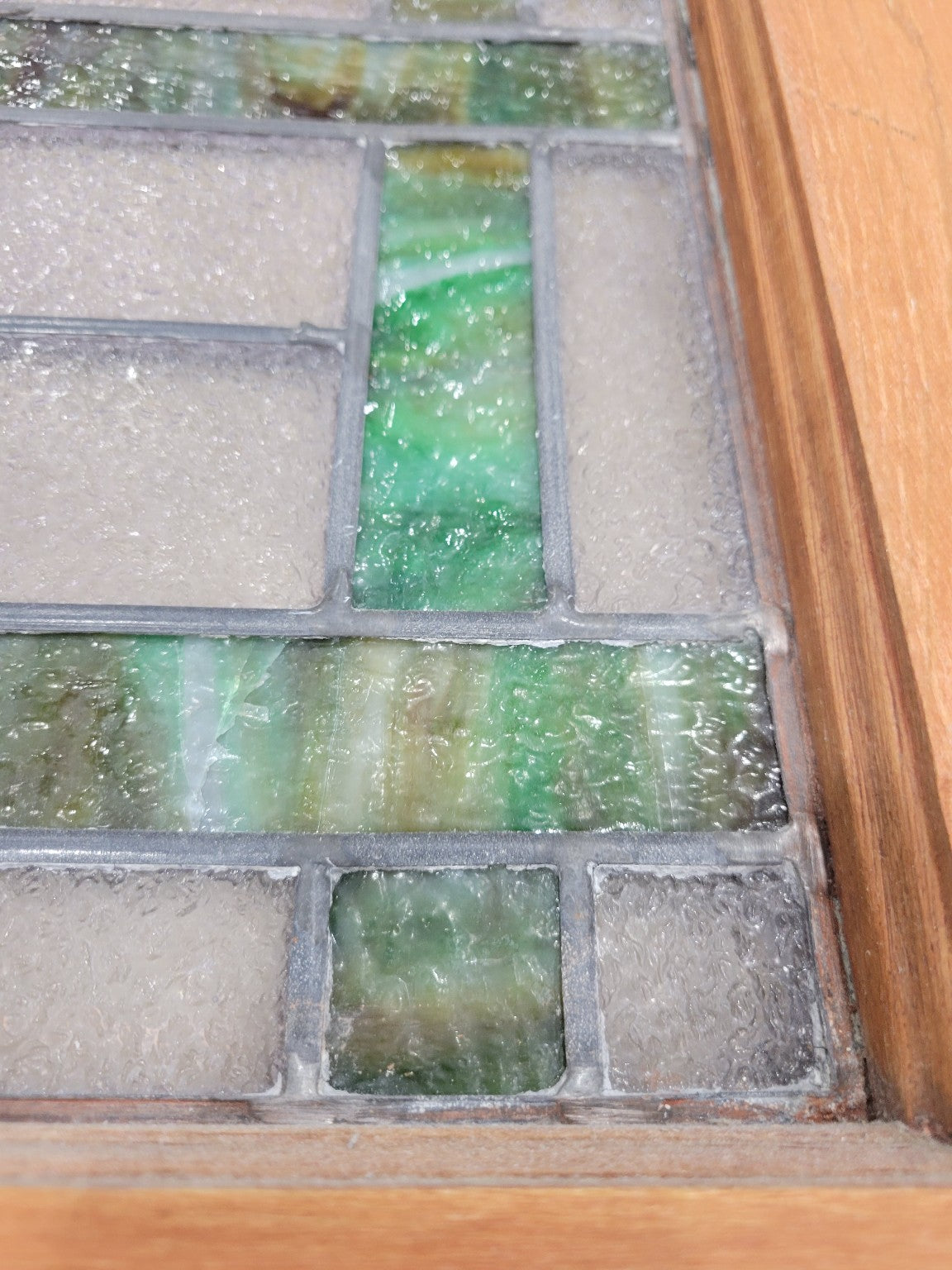 Framed Textured & Stained Glass Panel with Green and Plum Diamond Design