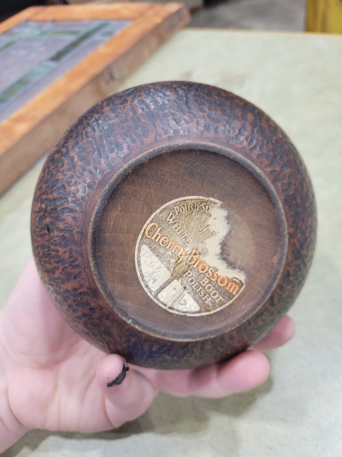 Vintage Cherry Blossom Wooden Polish Bowl with Lid