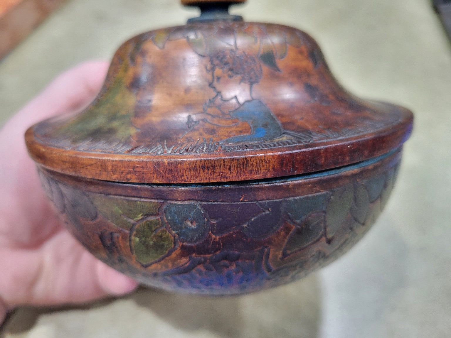 Vintage Cherry Blossom Wooden Polish Bowl with Lid