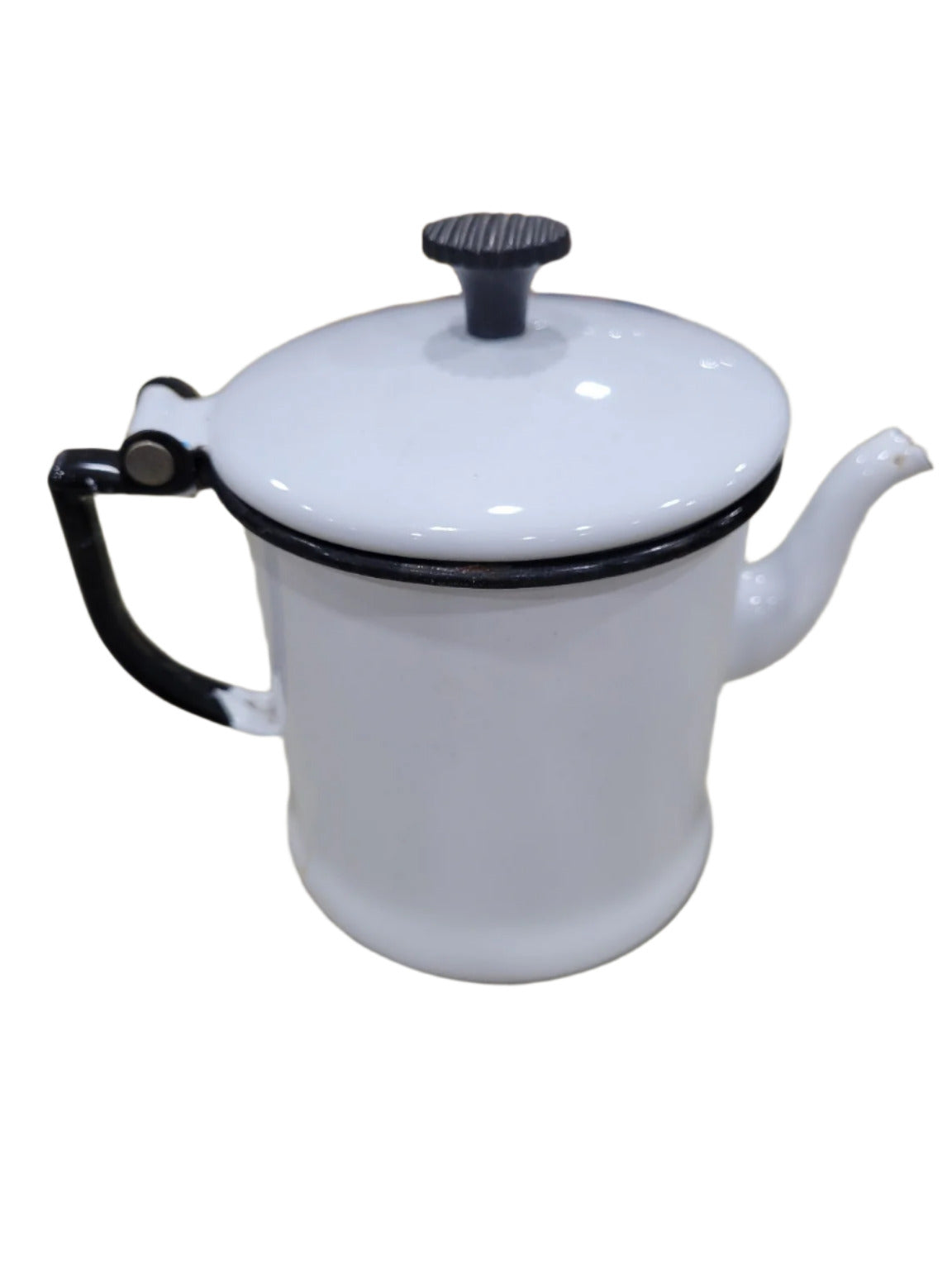 White Enamel Coffee Pot with Black Handle and Lid