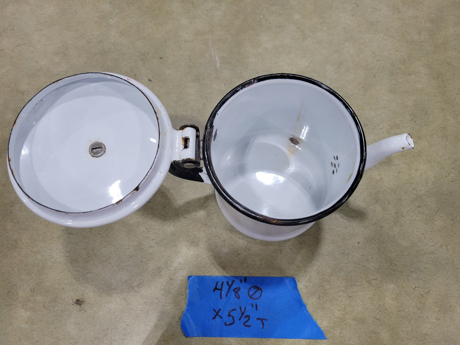 White Enamel Coffee Pot with Black Handle and Lid