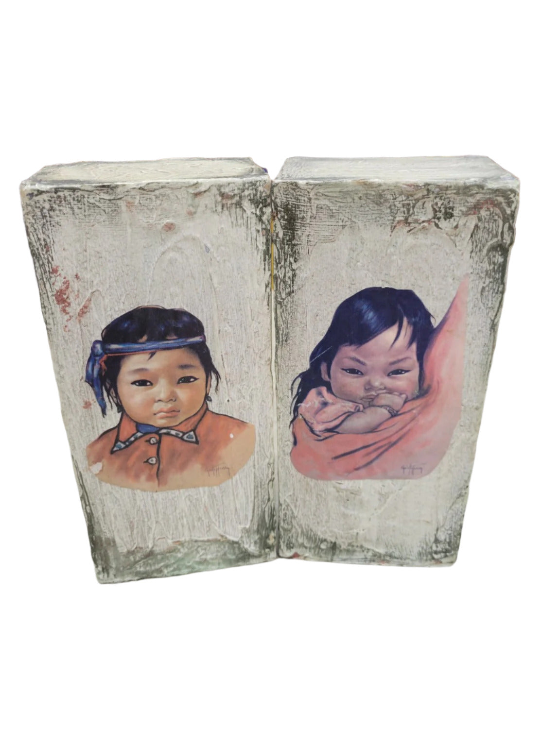 Rustic Decoupage Wood Block Set with Indigenous and Child Portrait Imagery