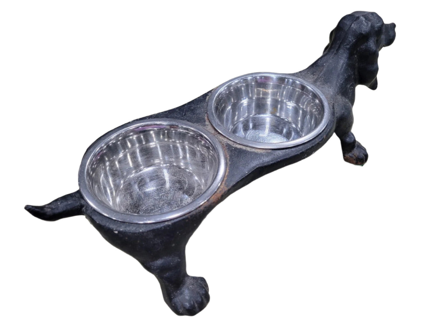 Cast Iron Dachshund Dog Bowl Feeder with Dual Stainless Steel Inserts – 18 L