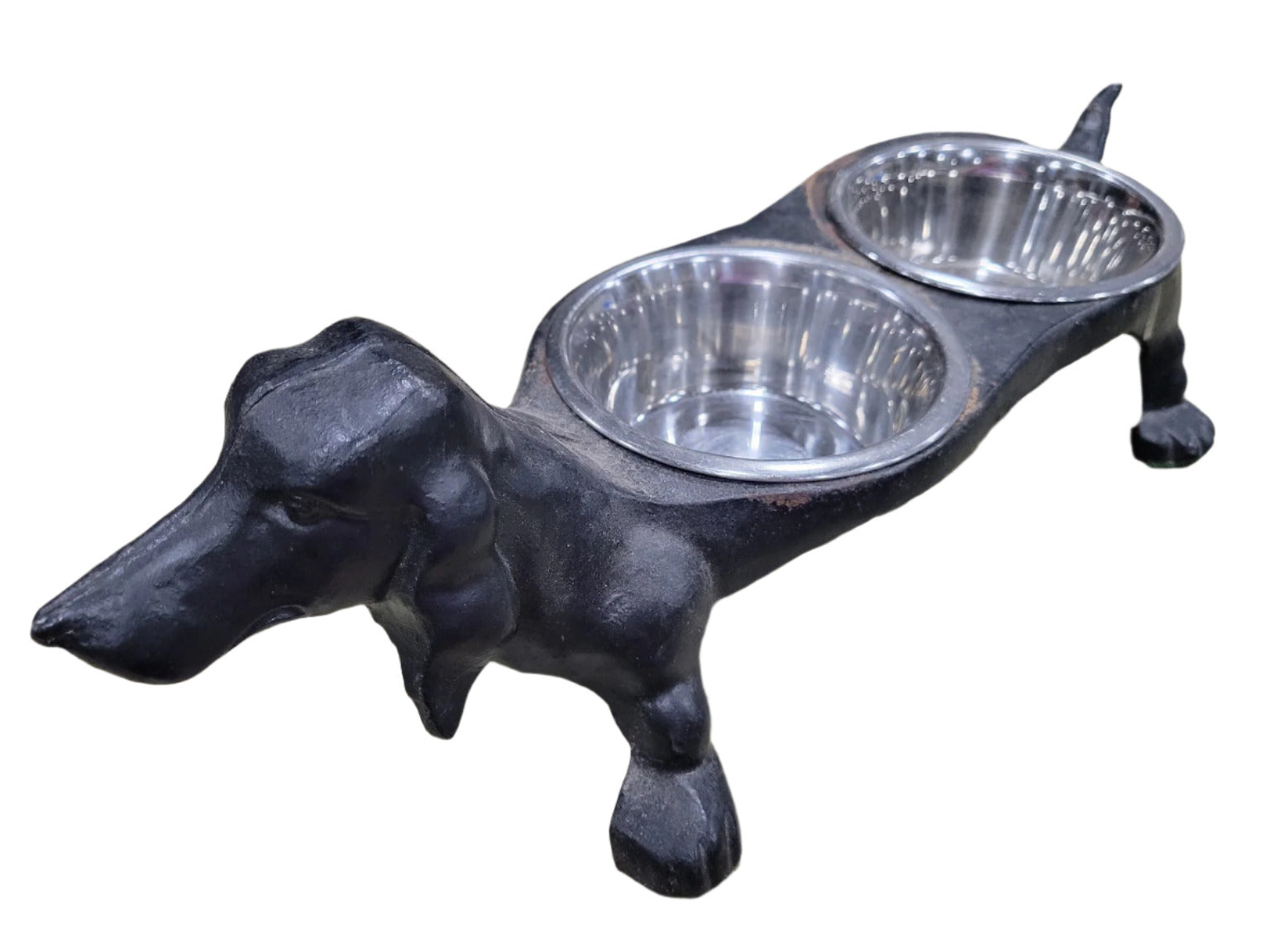 Cast Iron Dachshund Dog Bowl Feeder with Dual Stainless Steel Inserts – 18 L