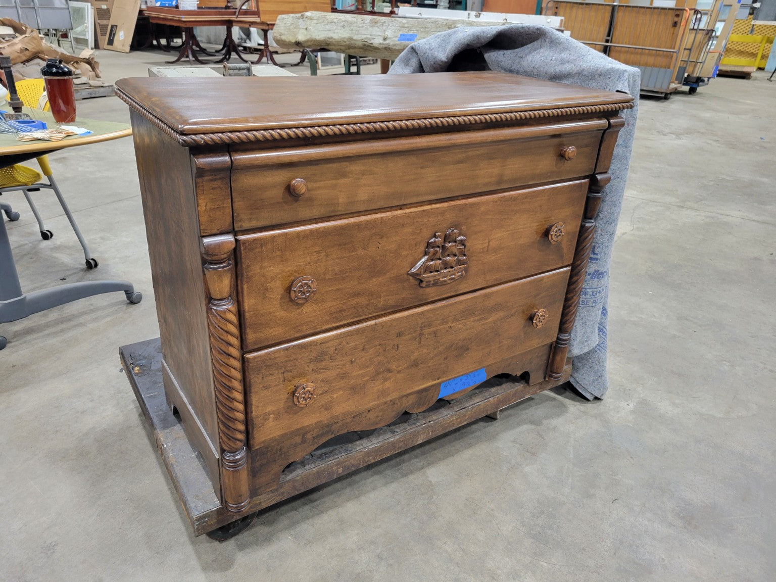 Virginia House Nautical Carved Wood Dresser 3 Drawer 32" Tall Rebuilders Xchange Virginia House Nautical Carved Wood Dresser 3 Drawer 32" Tall Rebuilders Xchange