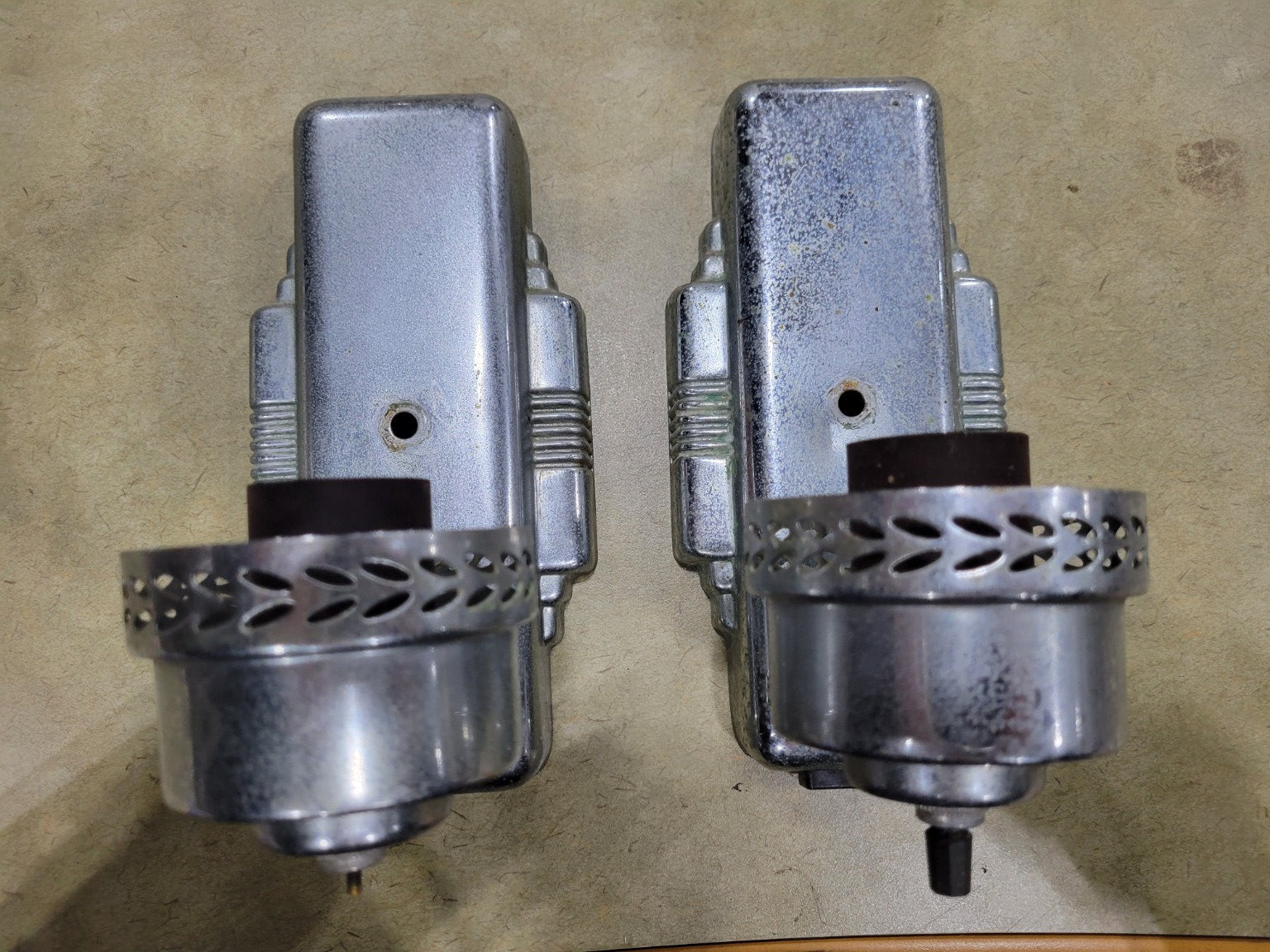 Art Deco Chrome Bathroom Wall Sconces – Pair with Milk Glass Shades (AS IS)