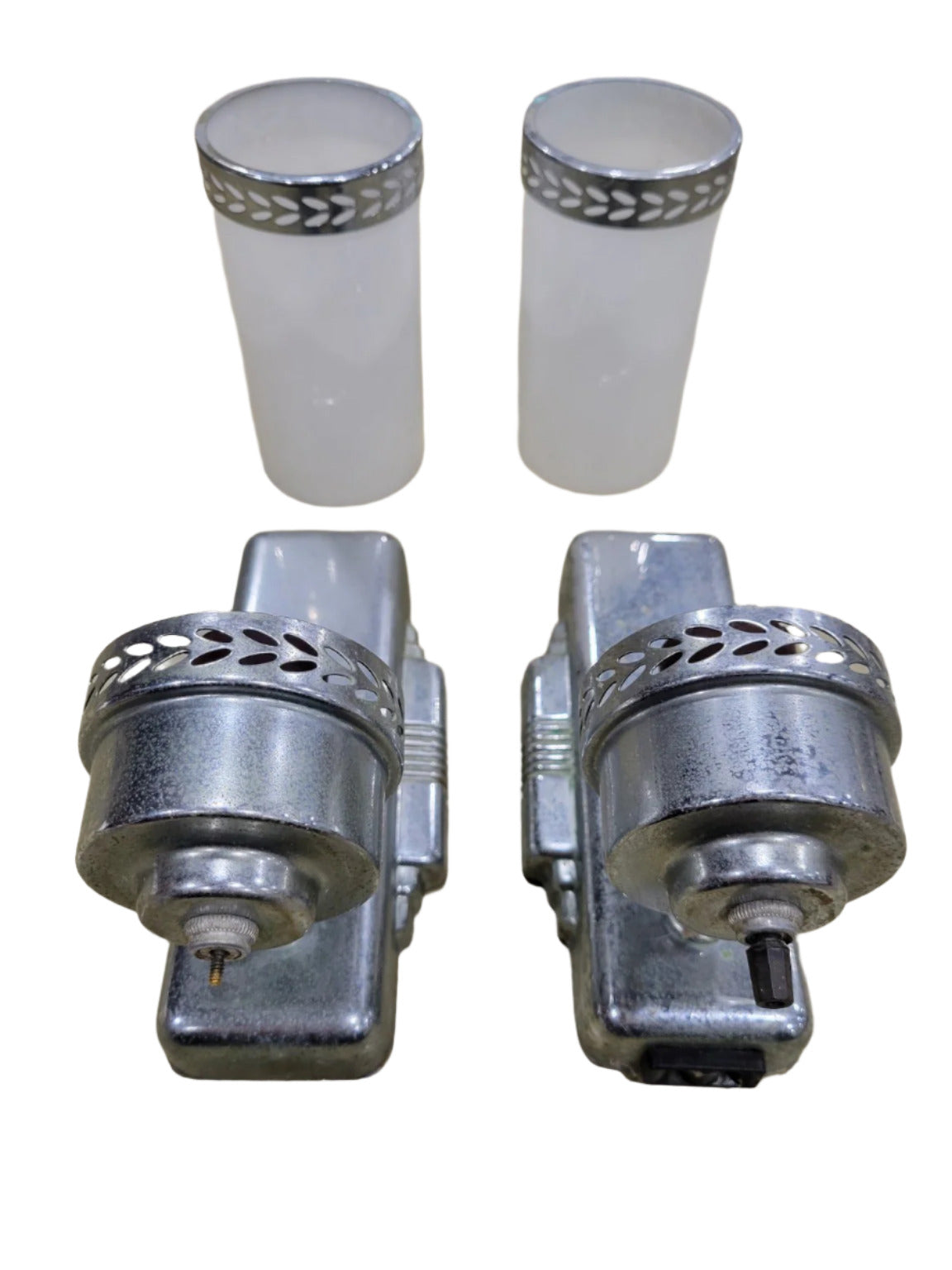 Art Deco Chrome Bathroom Wall Sconces – Pair with Milk Glass Shades (AS IS)