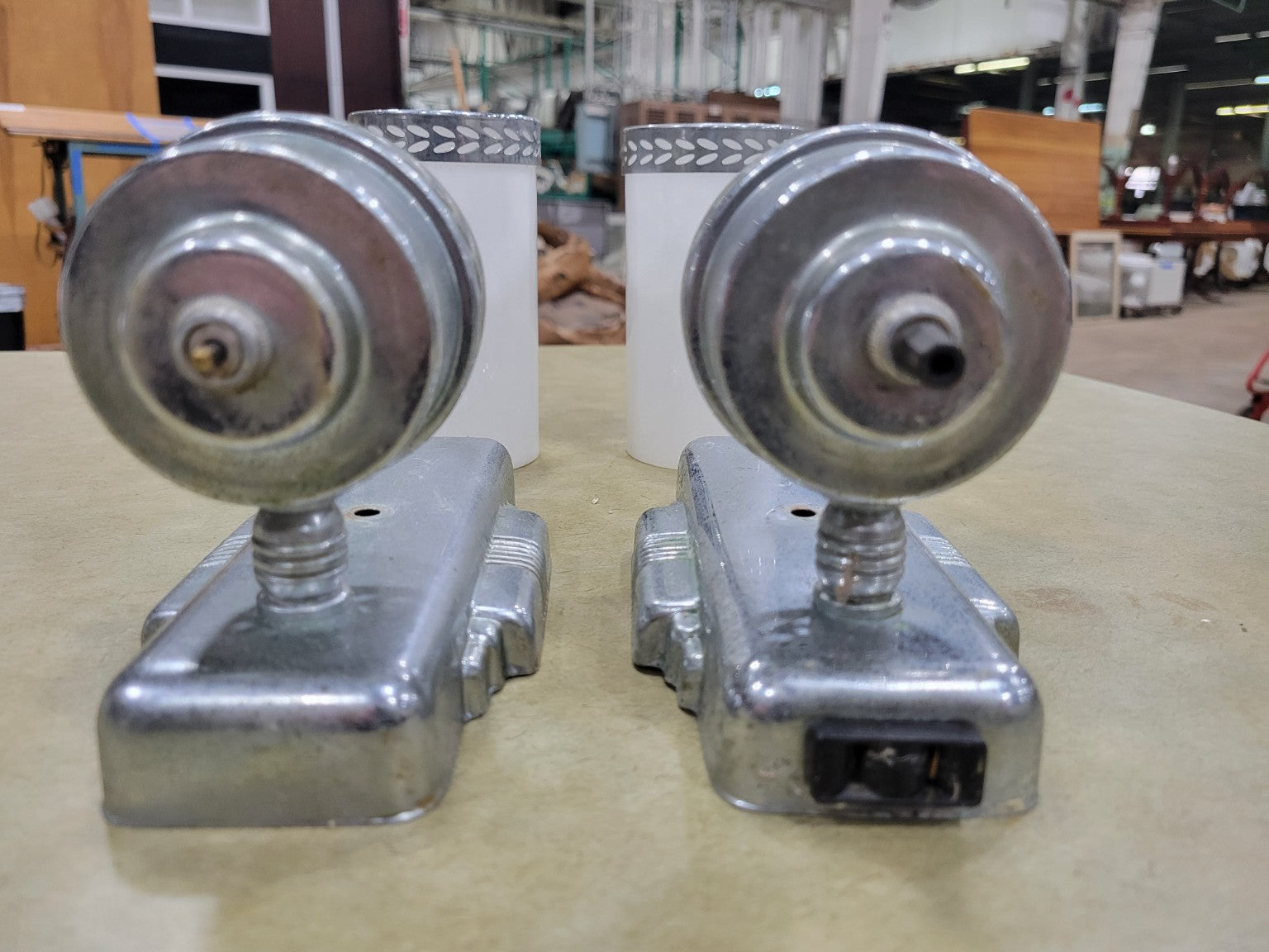 Art Deco Chrome Bathroom Wall Sconces – Pair with Milk Glass Shades (AS IS)