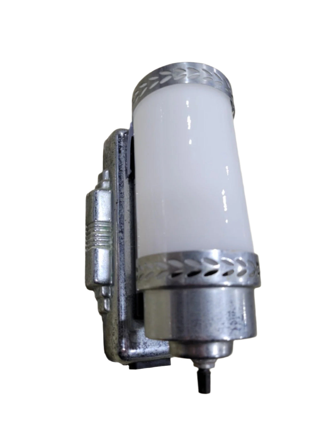 Art Deco Chrome Bathroom Wall Sconces – Pair with Milk Glass Shades (AS IS)