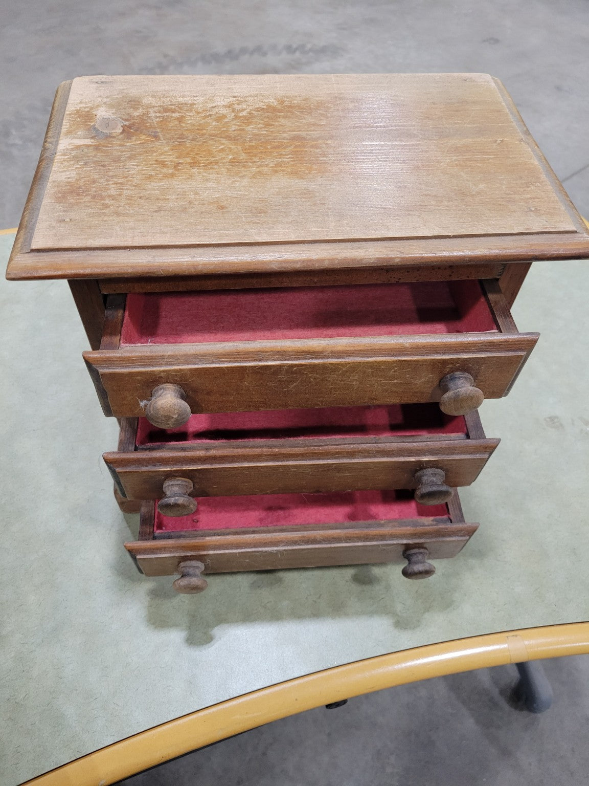 Miniature 3-Drawer Wooden Chest with Red Felt Lining