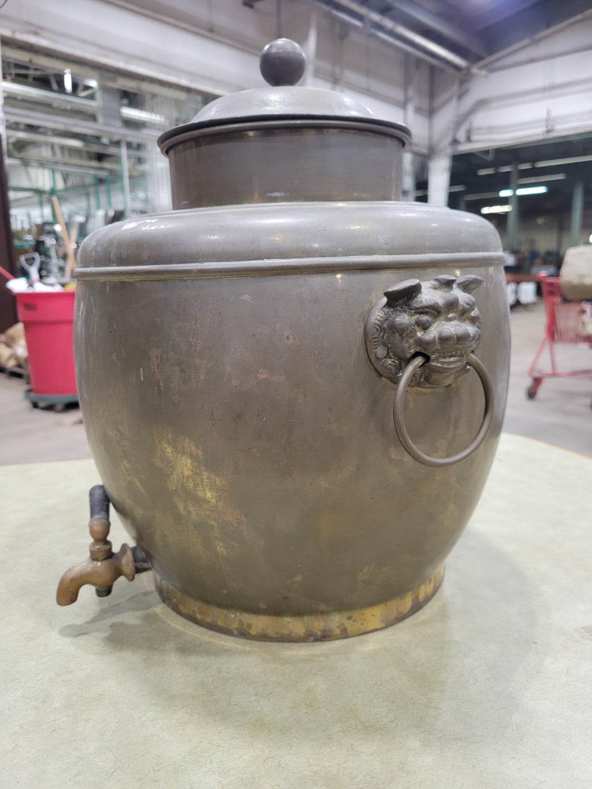 Large Brass Samovar with Lion Head Handles and Spigot