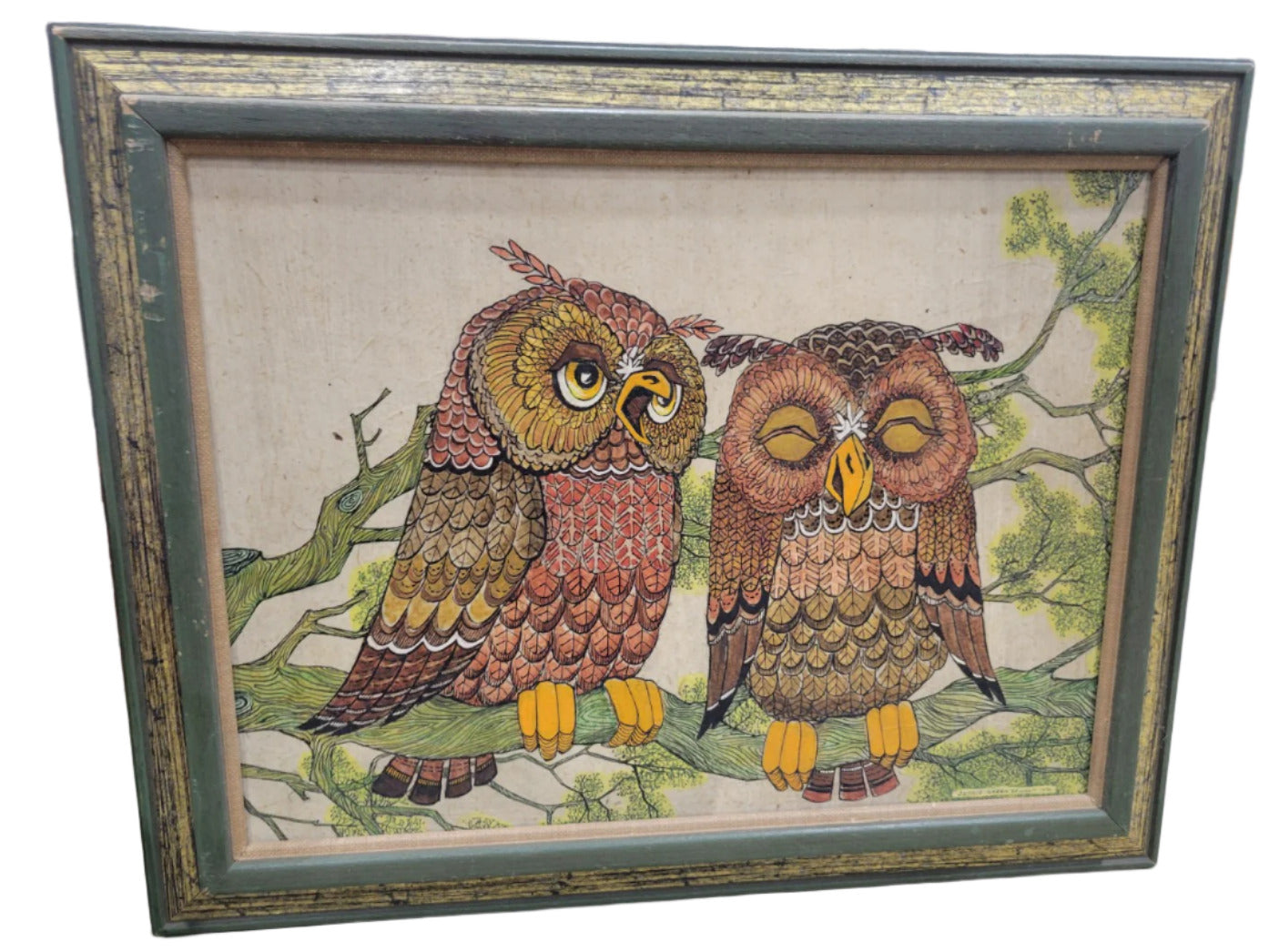 Framed 1970 Owl Artwork by Jerrie Green Zewalk
